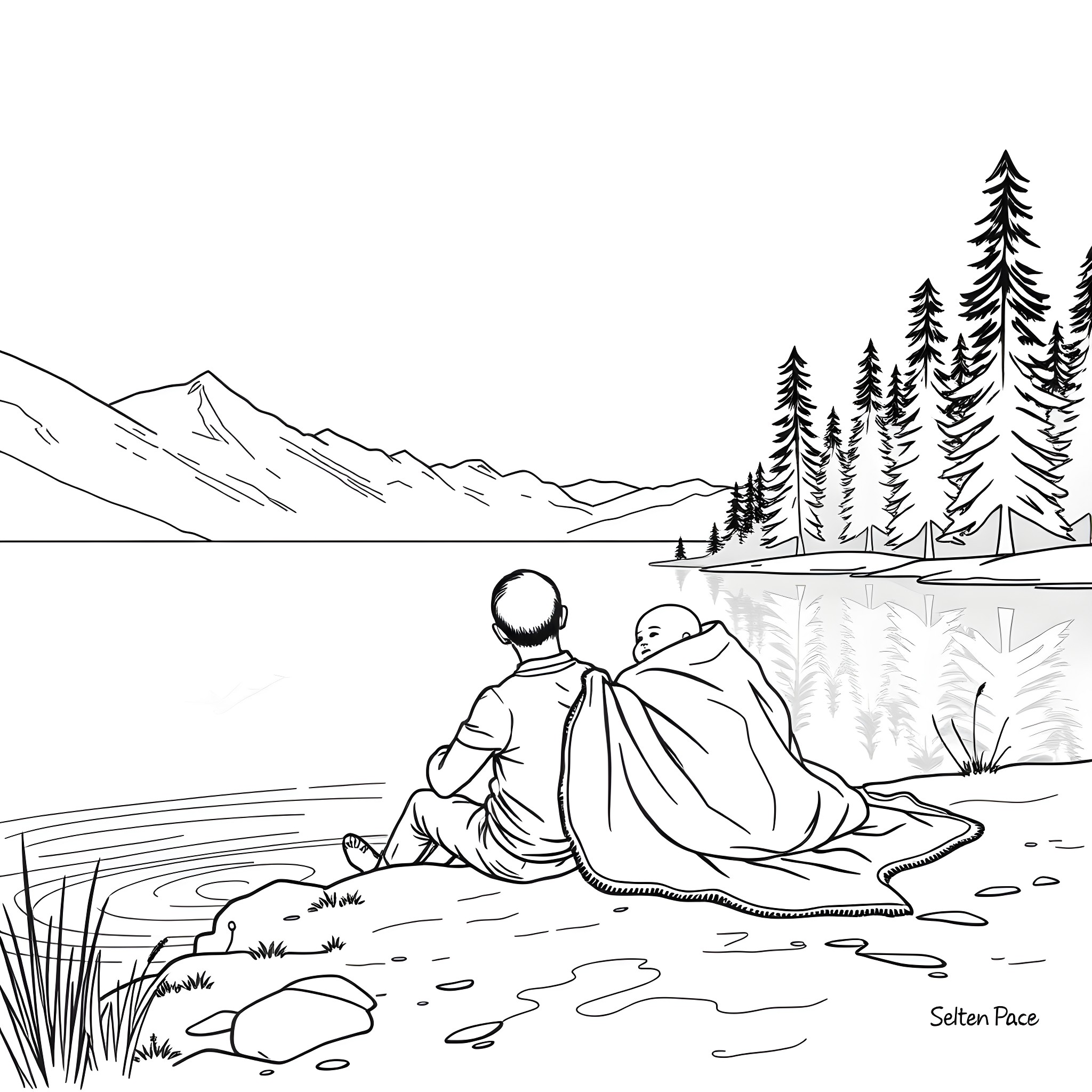 Father and child enjoying peaceful mountain scenery Coloring Page (free black-and-white line drawing printable PDF for all, from beginners to advanced learners, including children, teens, adults, and seniors)