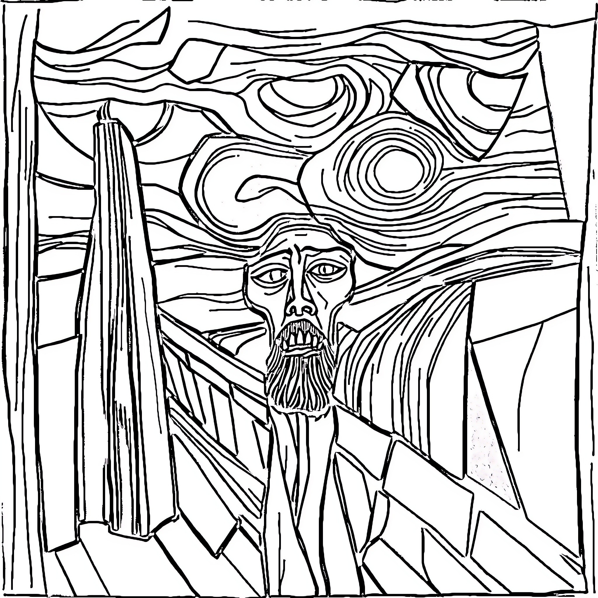 Scream of Agony in Surreal Landscape Coloring Page (free black-and-white line drawing printable PDF for all, from beginners to advanced learners, including children, teens, adults, and seniors)