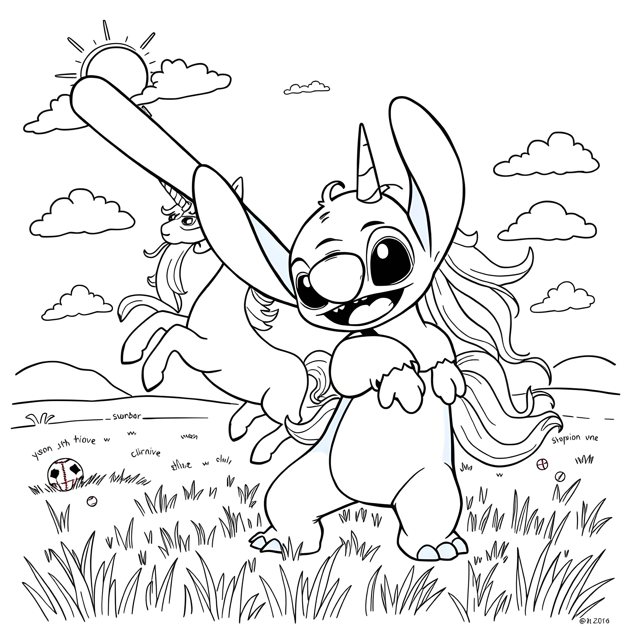 Stitch embracing nature in the outdoors Coloring Page (free black-and-white line drawing printable PDF for all, from beginners to advanced learners, including children, teens, adults, and seniors)
