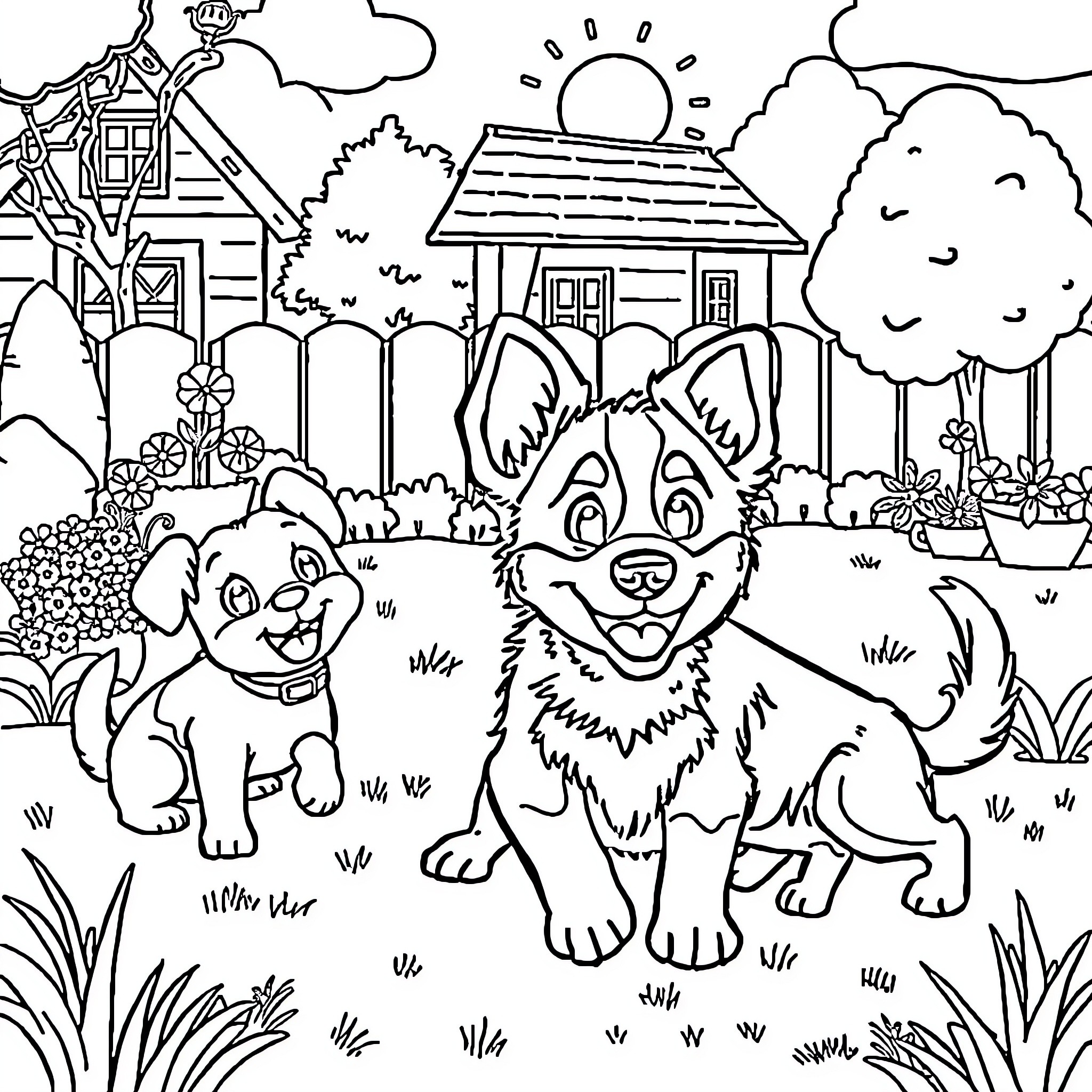 Bluey and her friend playing outdoors in the countryside Coloring Page (free black-and-white line drawing printable PDF for all, from beginners to advanced learners, including children, teens, adults, and seniors)