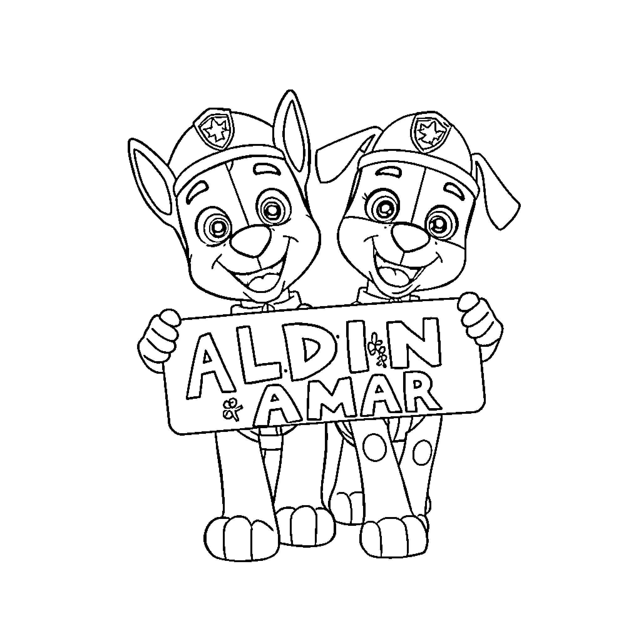 Paw Patrol characters holding sign Coloring Page (free black-and-white line drawing printable PDF for all, from beginners to advanced learners, including children, teens, adults, and seniors)