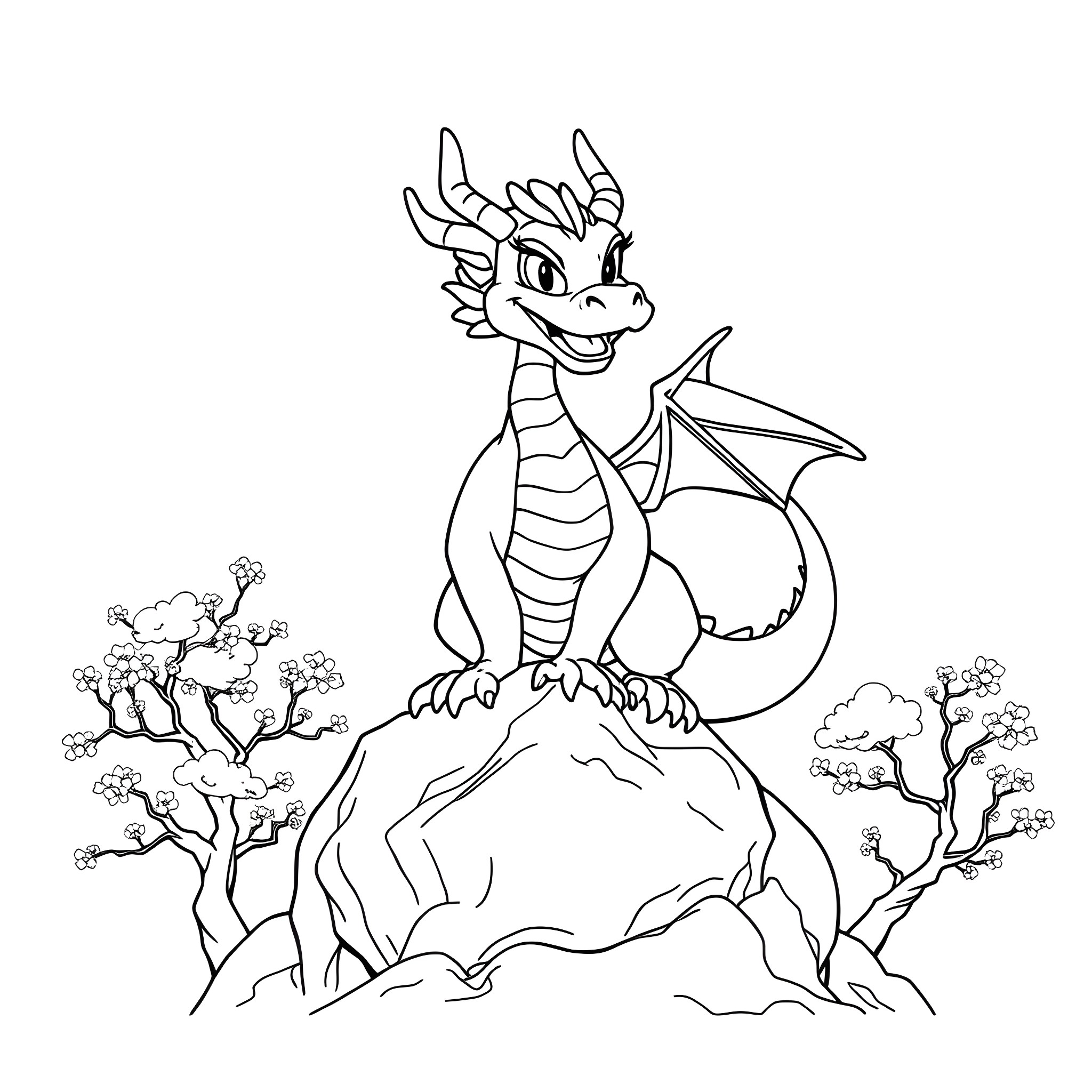 Mushu the Dragon Perched on a Cliff Coloring Page (free black-and-white line drawing printable PDF for all, from beginners to advanced learners, including children, teens, adults, and seniors)