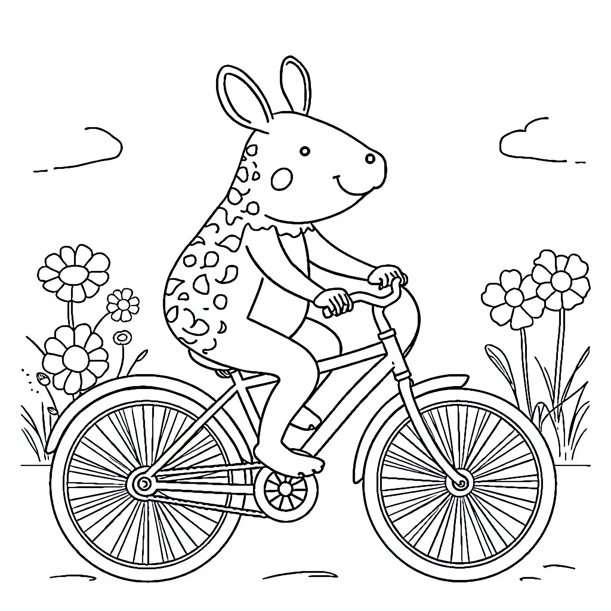 Capybara riding a bicycle through a floral landscape Coloring Page (free black-and-white line drawing printable PDF for all, from beginners to advanced learners, including children, teens, adults, and seniors)