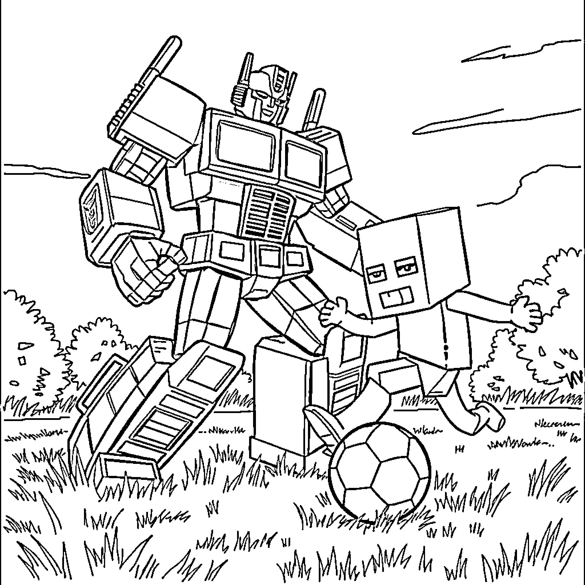Optimus Prime playing with a soccer ball in nature Coloring Page (free black-and-white line drawing printable PDF for all, from beginners to advanced learners, including children, teens, adults, and seniors)