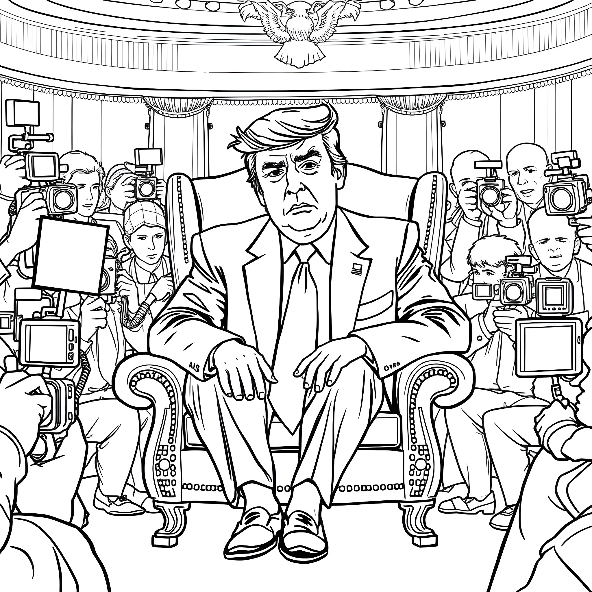 Donald Trump seated in the Oval Office with media photographers Coloring Page (free black-and-white line drawing printable PDF for all, from beginners to advanced learners, including children, teens, adults, and seniors)