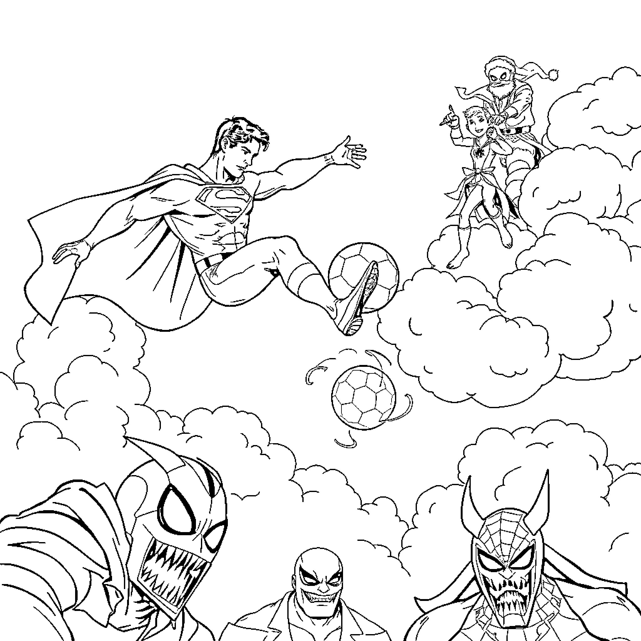 Superman in Action against Villains Coloring Page (free black-and-white line drawing printable PDF for all, from beginners to advanced learners, including children, teens, adults, and seniors)