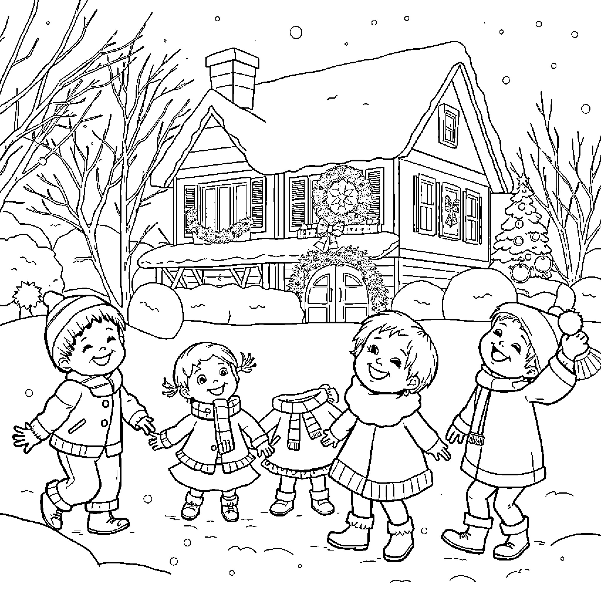 Child Enjoying Snowy Winter Scene with Friends Coloring Page (free black-and-white line drawing printable PDF for all, from beginners to advanced learners, including children, teens, adults, and seniors)