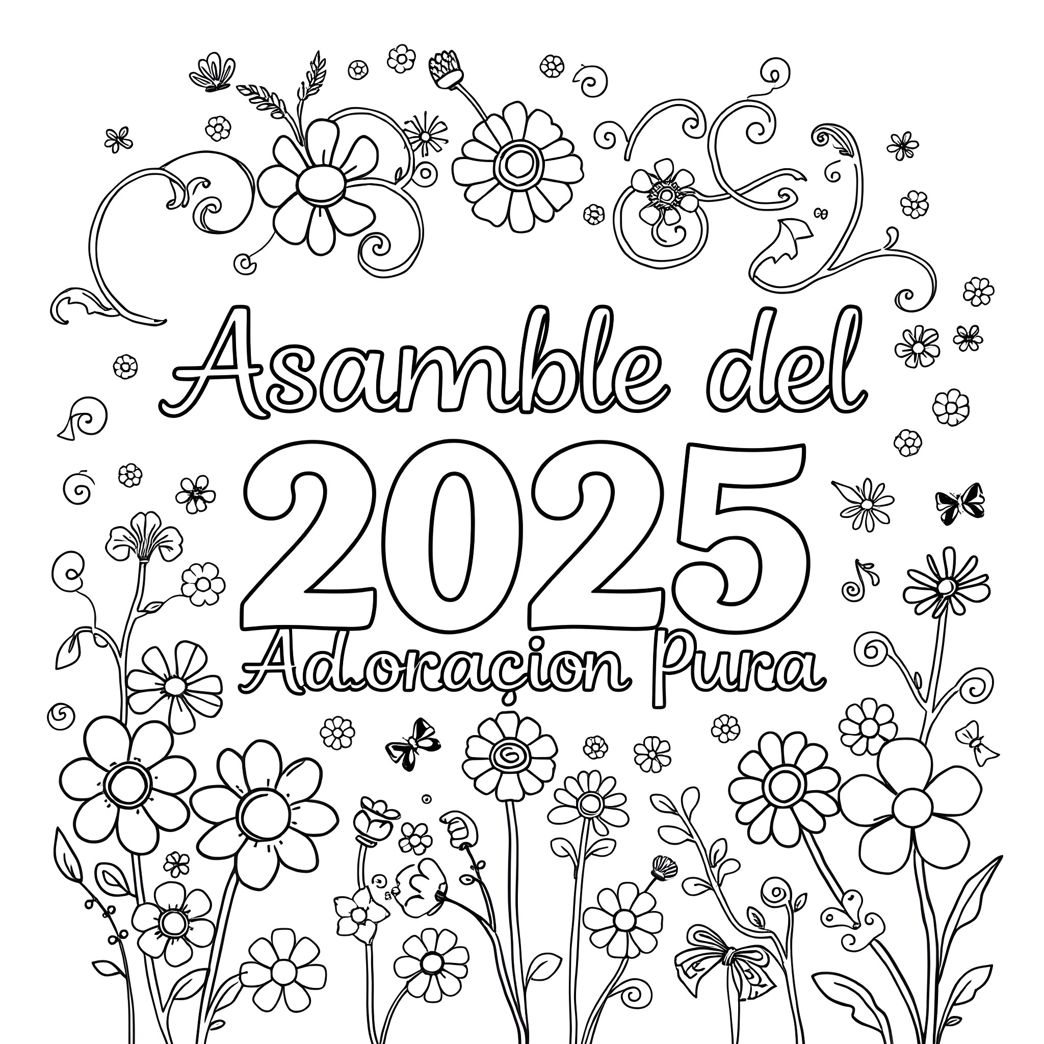 Text of floral frame with words 'Asamblea del 2025 Adoracion Pura' Coloring Page (free black-and-white line drawing printable PDF for all, from beginners to advanced learners, including children, teens, adults, and seniors)