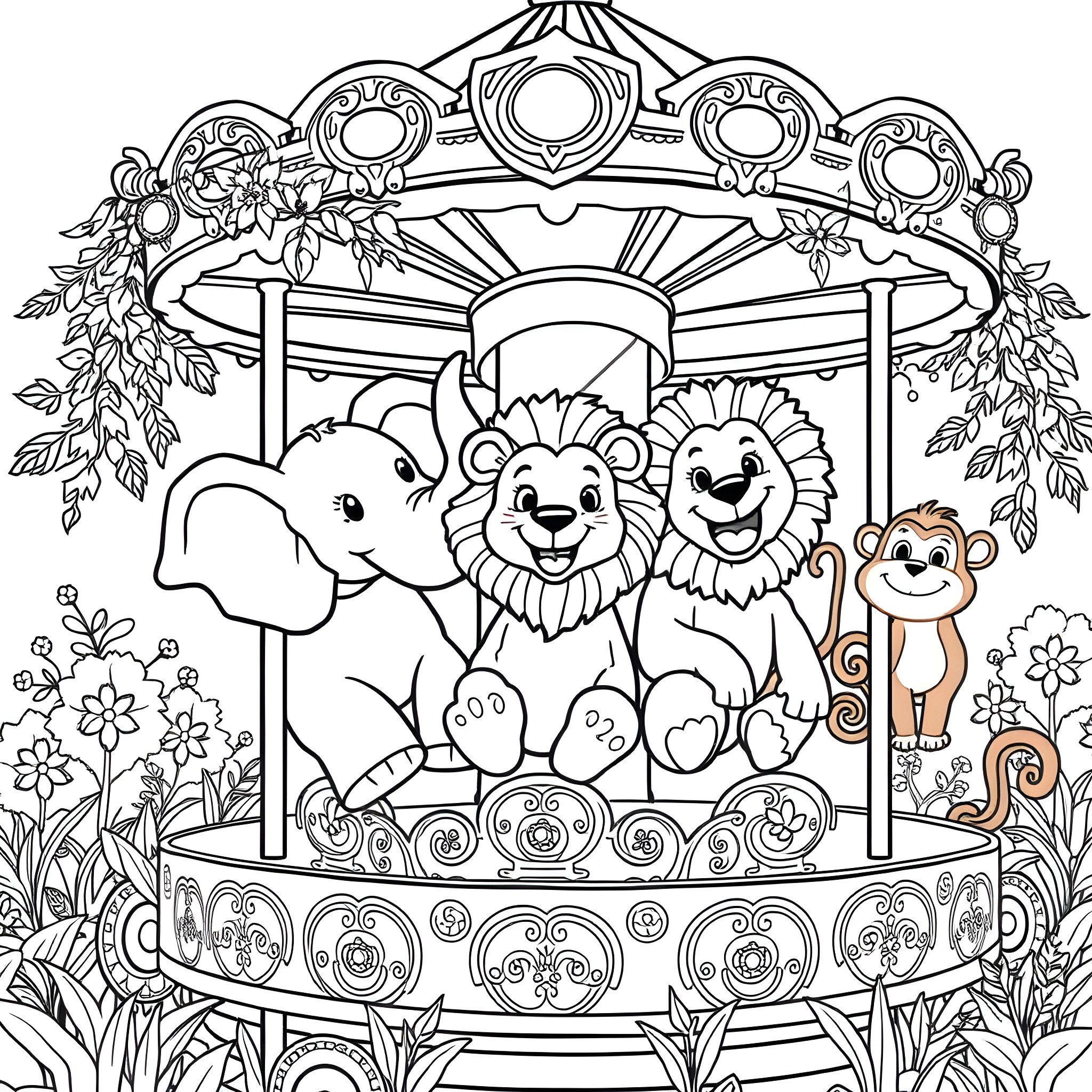 Zoo Animal Carousel with Happy Creatures Coloring Page (free black-and-white line drawing printable PDF for all, from beginners to advanced learners, including children, teens, adults, and seniors)