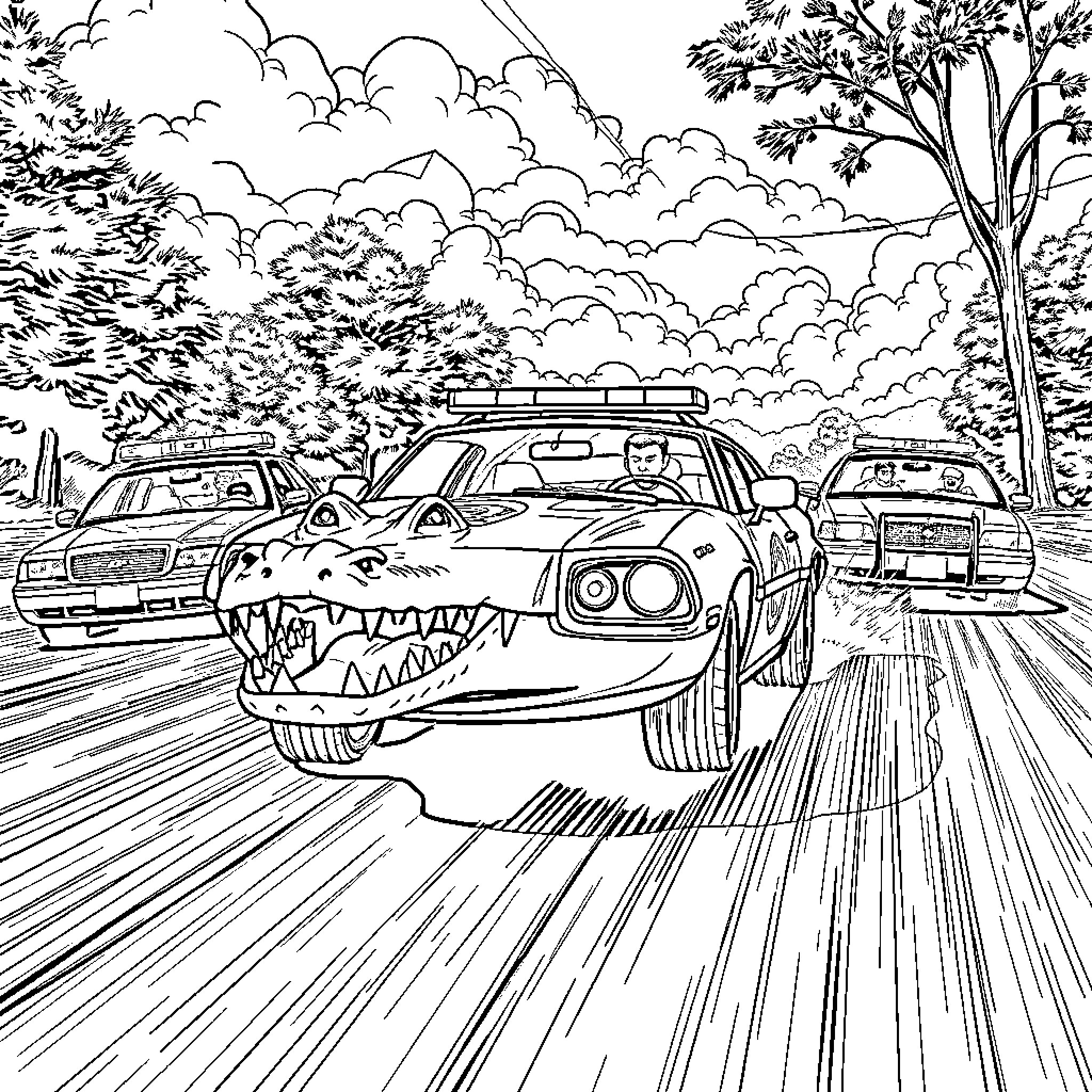Alligator-themed police cars racing on highway Coloring Page (free black-and-white line drawing printable PDF for all, from beginners to advanced learners, including children, teens, adults, and seniors)