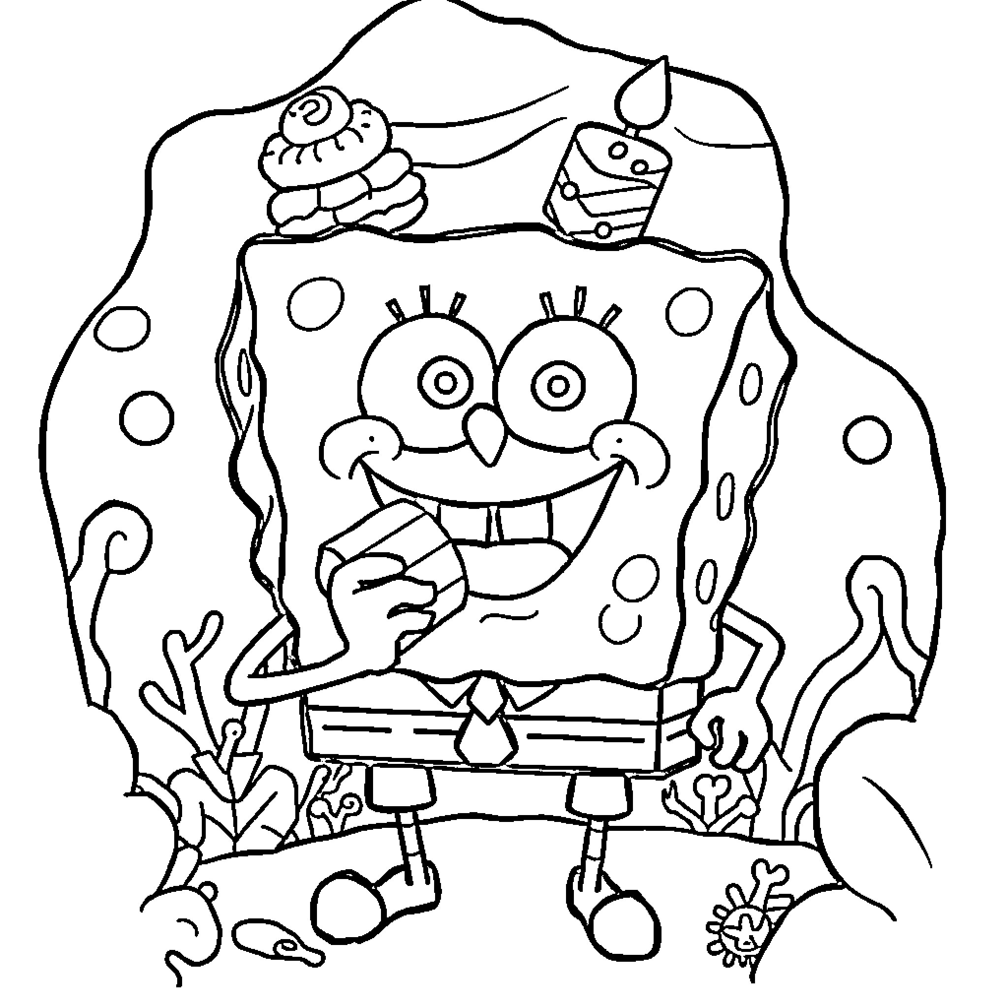 Spongebob in his underwater habitat with cheerful expression Coloring Page (free black-and-white line drawing printable PDF for all, from beginners to advanced learners, including children, teens, adults, and seniors)