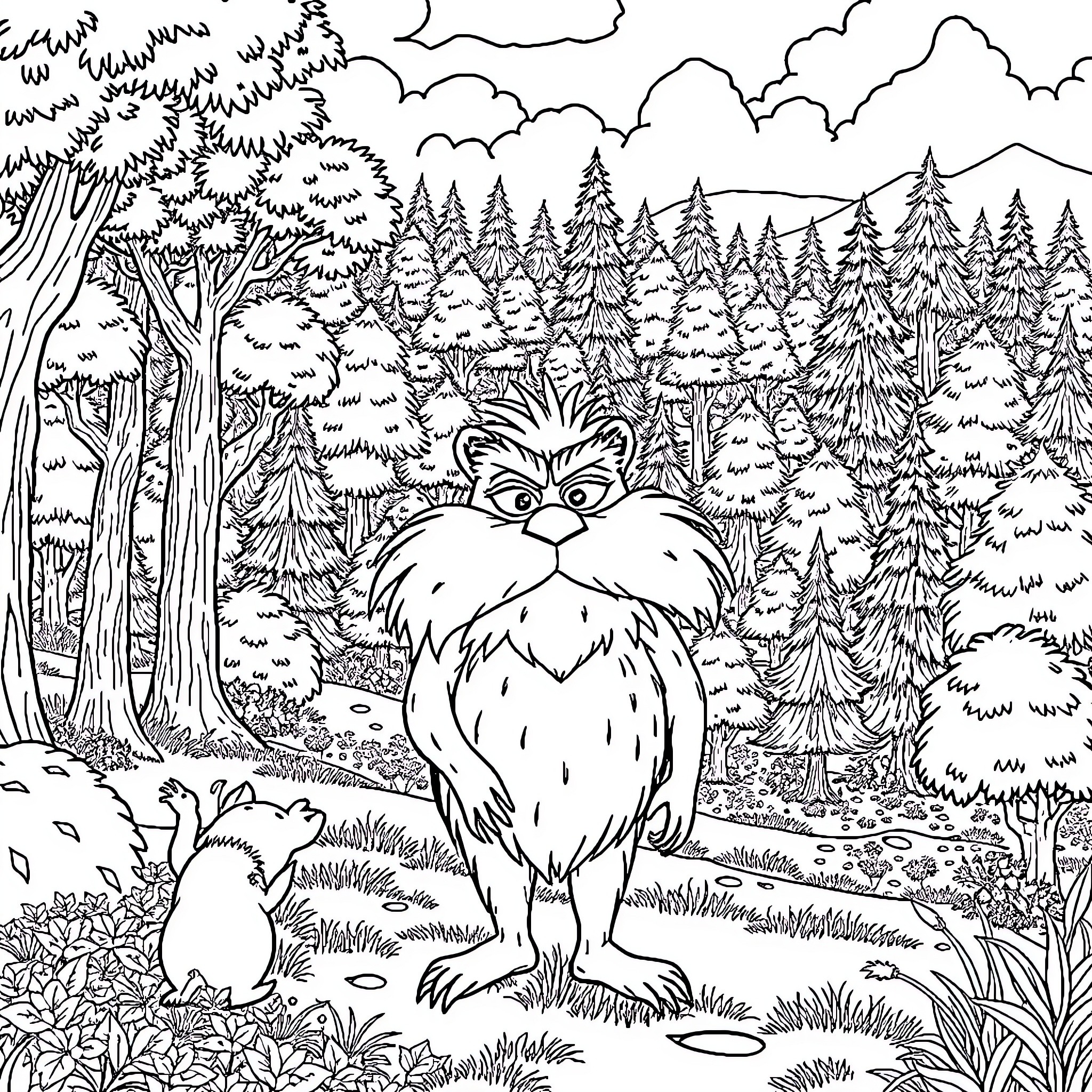 Lorax observing forest landscape with pine trees Coloring Page (free black-and-white line drawing printable PDF for all, from beginners to advanced learners, including children, teens, adults, and seniors)