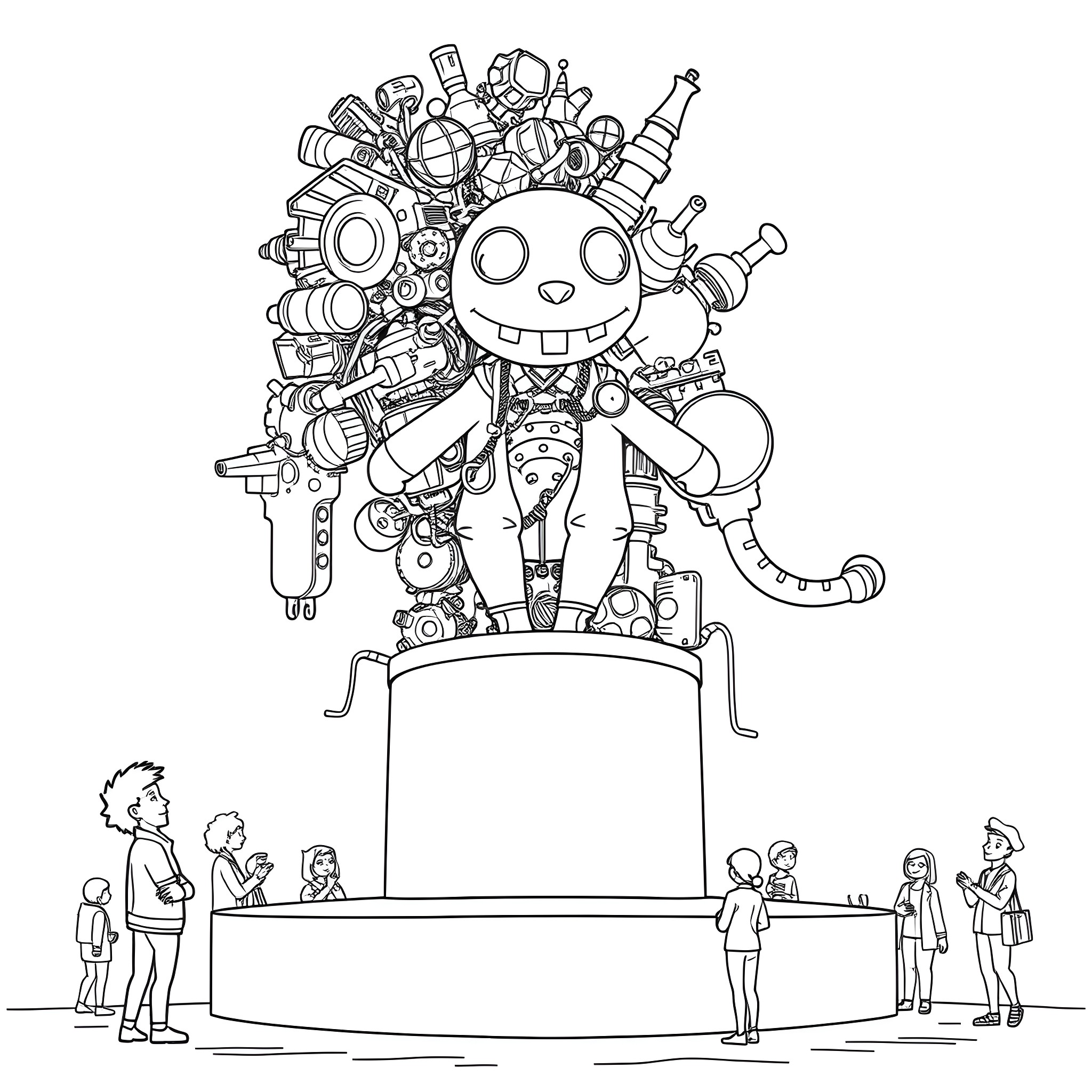 Art of a joyful robot-like character with various mechanical parts Coloring Page (free black-and-white line drawing printable PDF for all, from beginners to advanced learners, including children, teens, adults, and seniors)