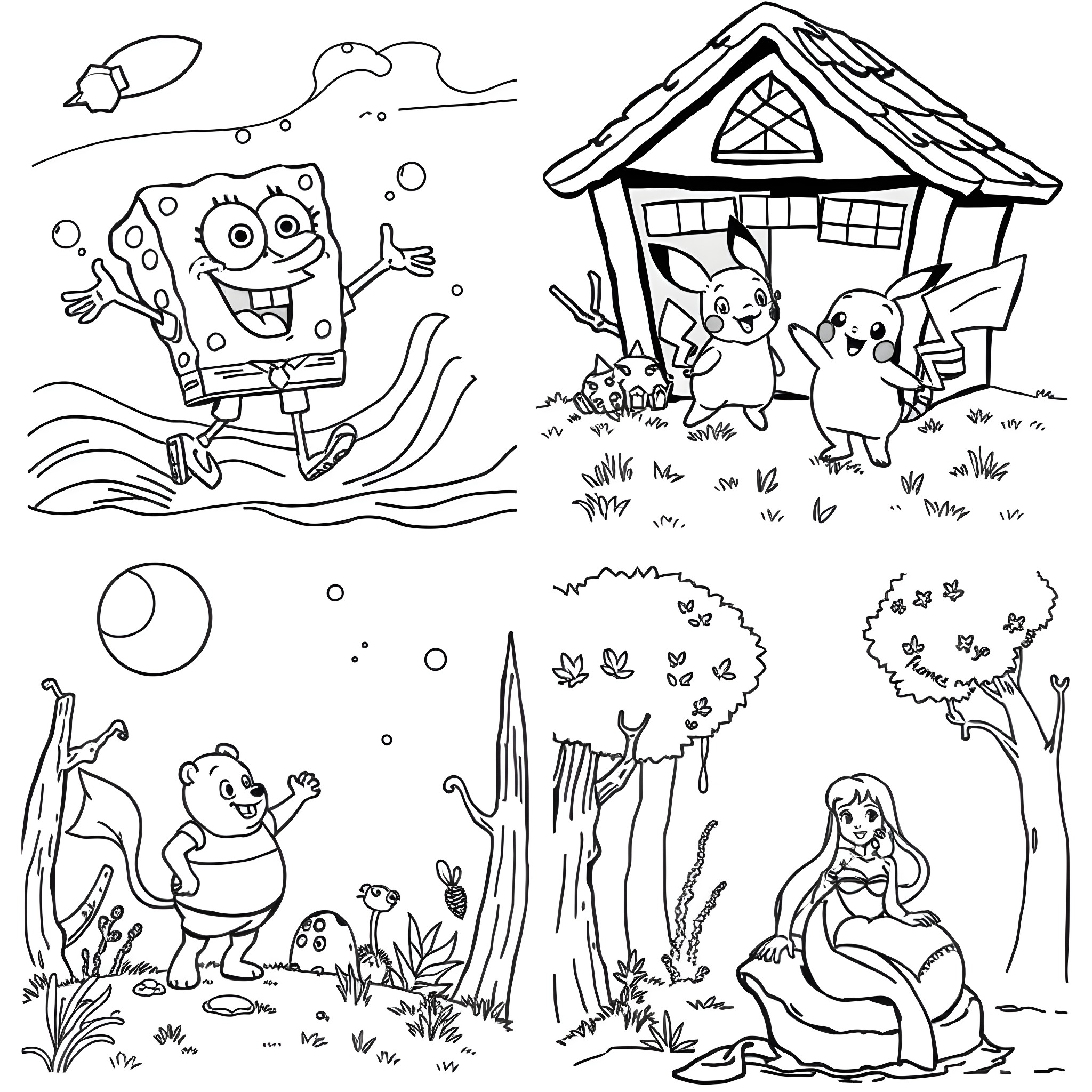 Cartoon Characters in Outdoor Scenes Coloring Page (free black-and-white line drawing printable PDF for all, from beginners to advanced learners, including children, teens, adults, and seniors)