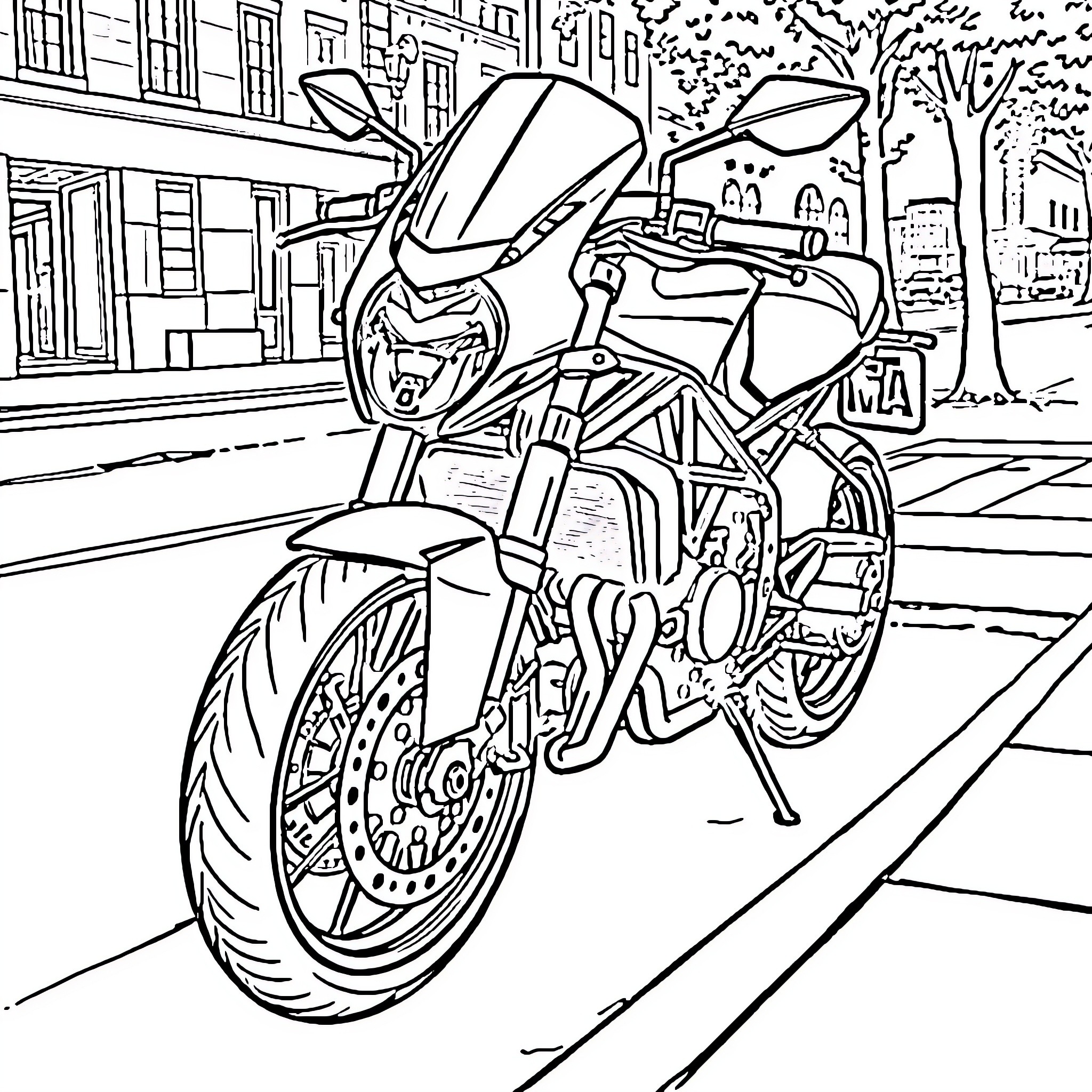 Ducati Motorcycle in Urban Streetscape Coloring Page (free black-and-white line drawing printable PDF for all, from beginners to advanced learners, including children, teens, adults, and seniors)