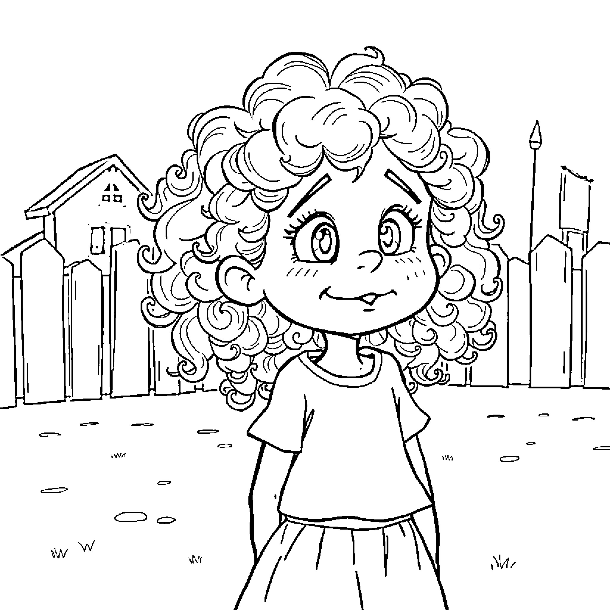 Maggie's Joyful Afternoon in the Neighborhood Coloring Page (free black-and-white line drawing printable PDF for all, from beginners to advanced learners, including children, teens, adults, and seniors)