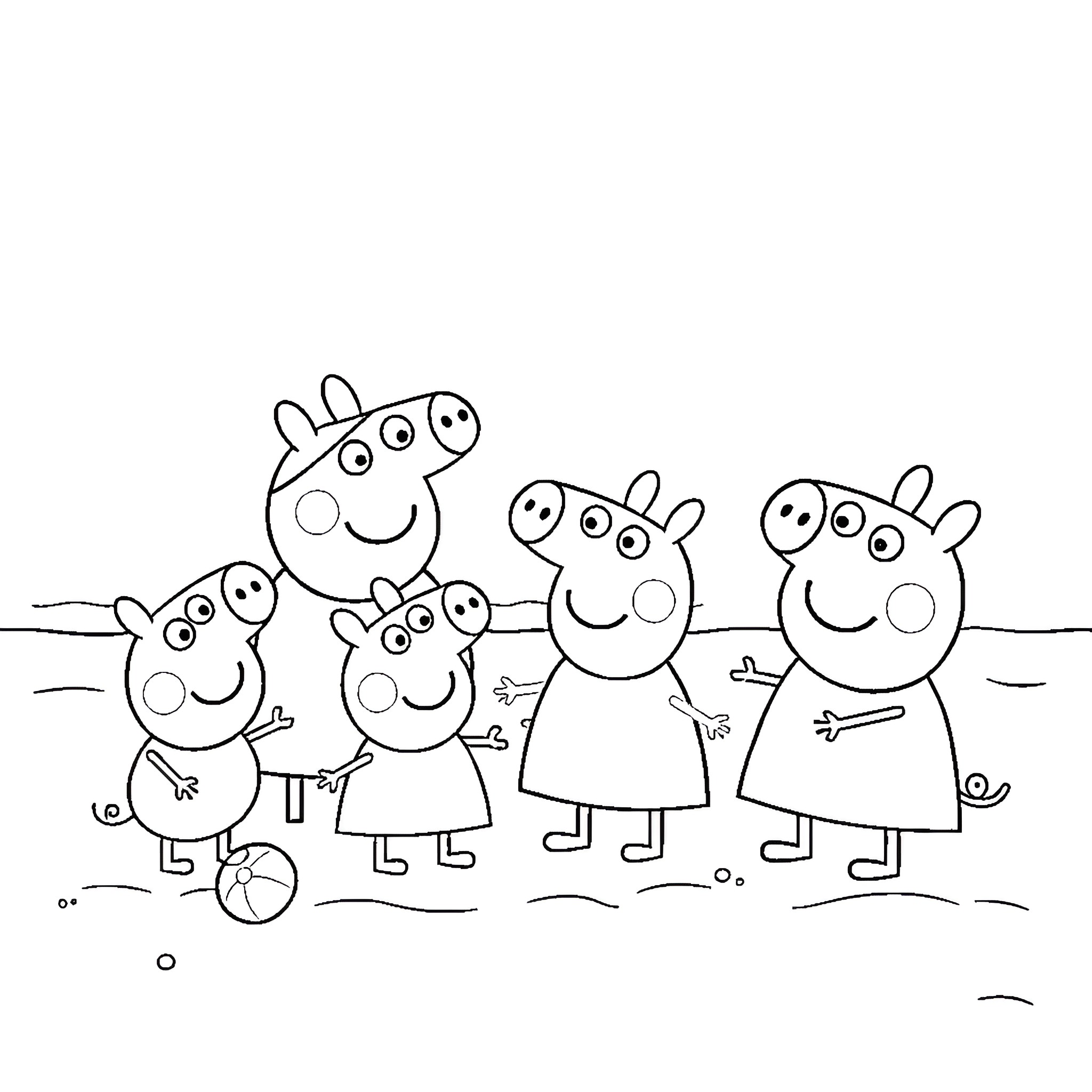 Peppa Pig and family enjoying outdoor activities Coloring Page (free black-and-white line drawing printable PDF for all, from beginners to advanced learners, including children, teens, adults, and seniors)