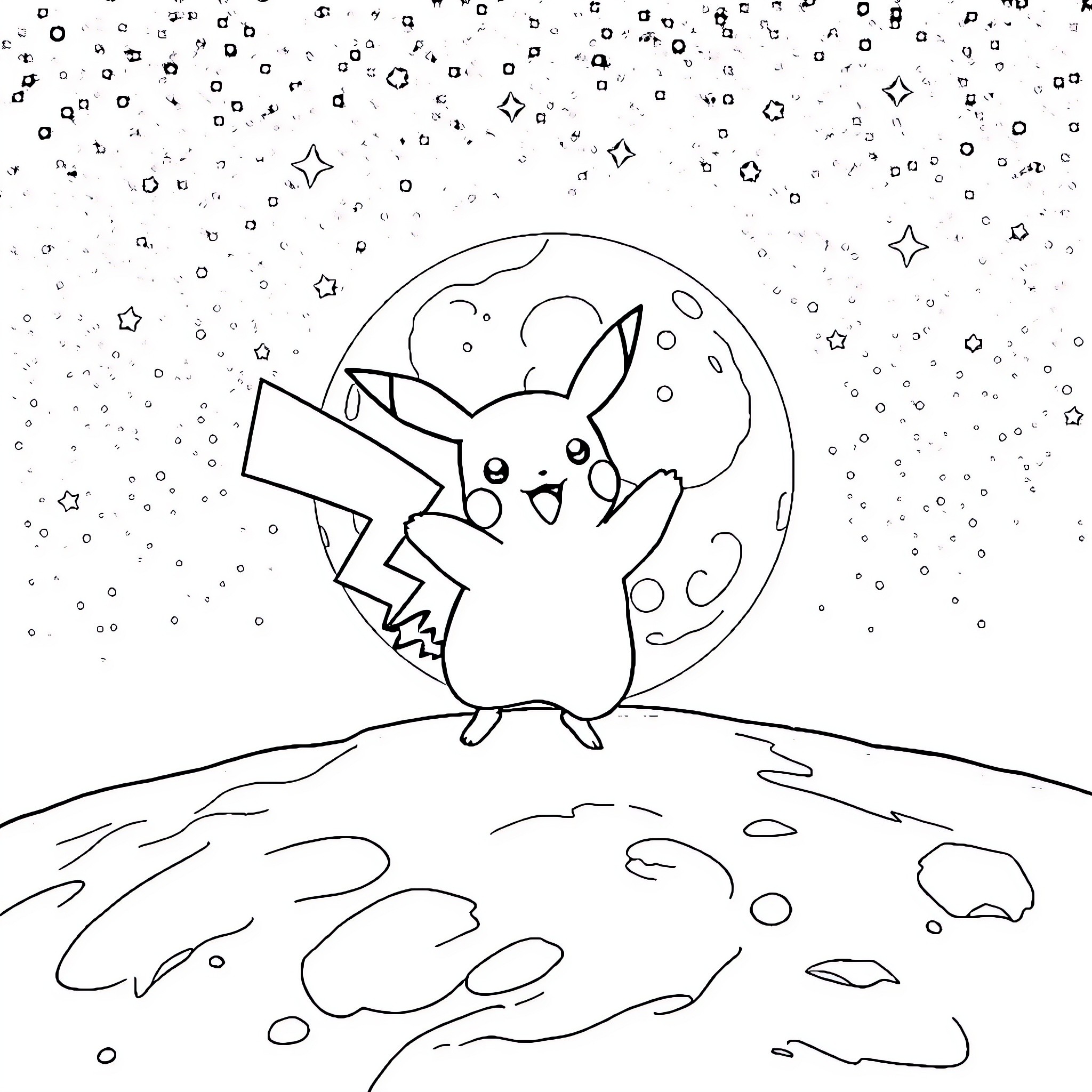 Pikachu enjoying the night sky Coloring Page (free black-and-white line drawing printable PDF for all, from beginners to advanced learners, including children, teens, adults, and seniors)