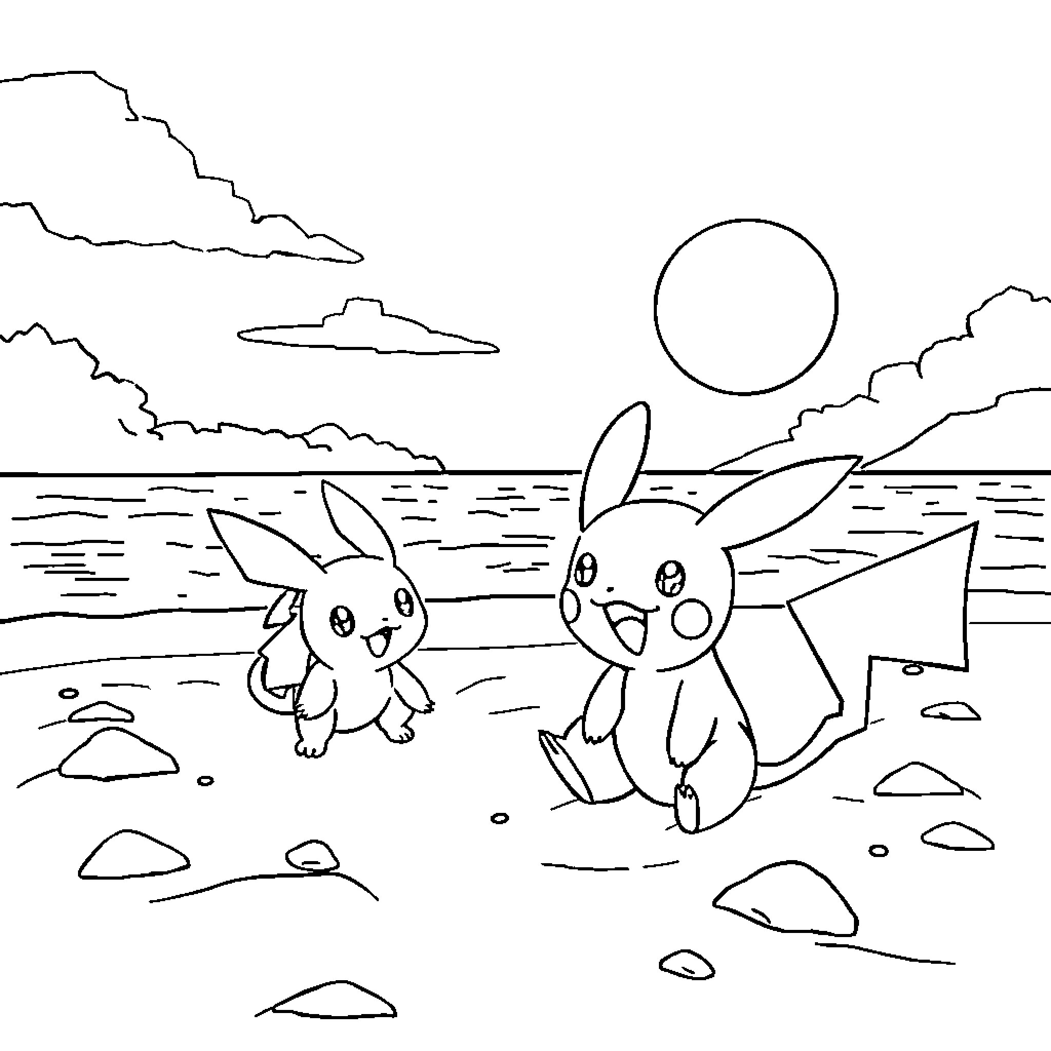 Pokémon enjoying a sunny day by the beach Coloring Page (free black-and-white line drawing printable PDF for all, from beginners to advanced learners, including children, teens, adults, and seniors)