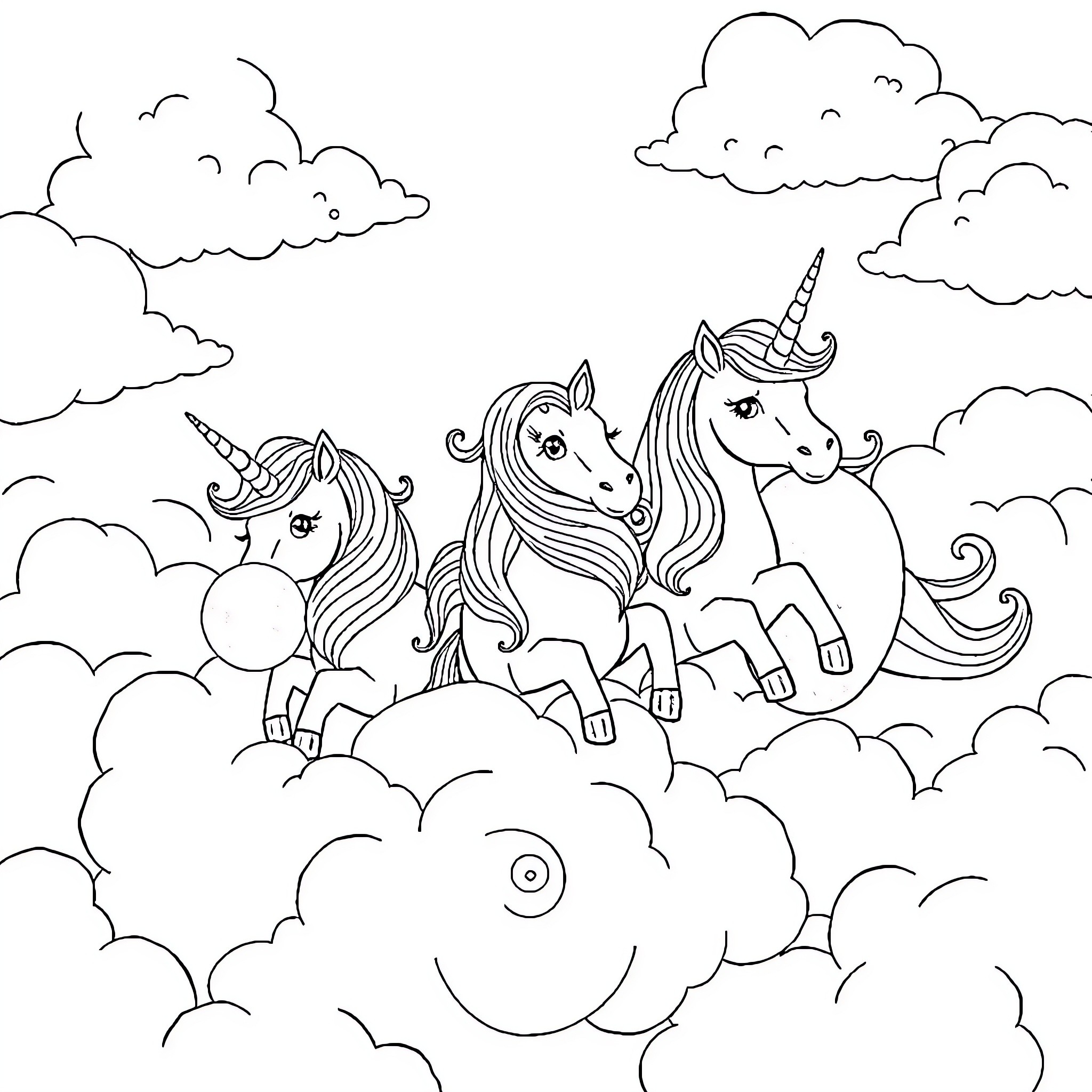 Unicorn friends playing happily in the clouds Coloring Page (free black-and-white line drawing printable PDF for all, from beginners to advanced learners, including children, teens, adults, and seniors)