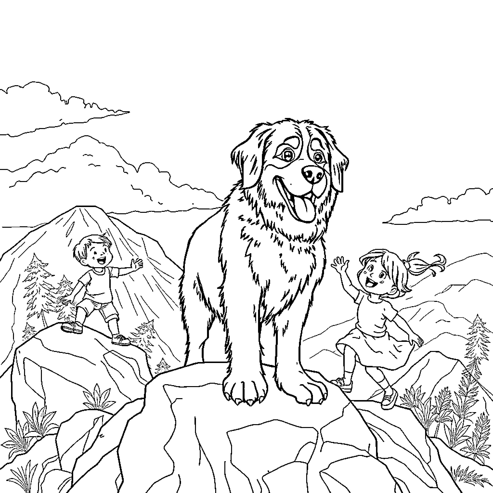 Bernese Mountain Dog exploring the wilderness with children Coloring Page (free black-and-white line drawing printable PDF for all, from beginners to advanced learners, including children, teens, adults, and seniors)
