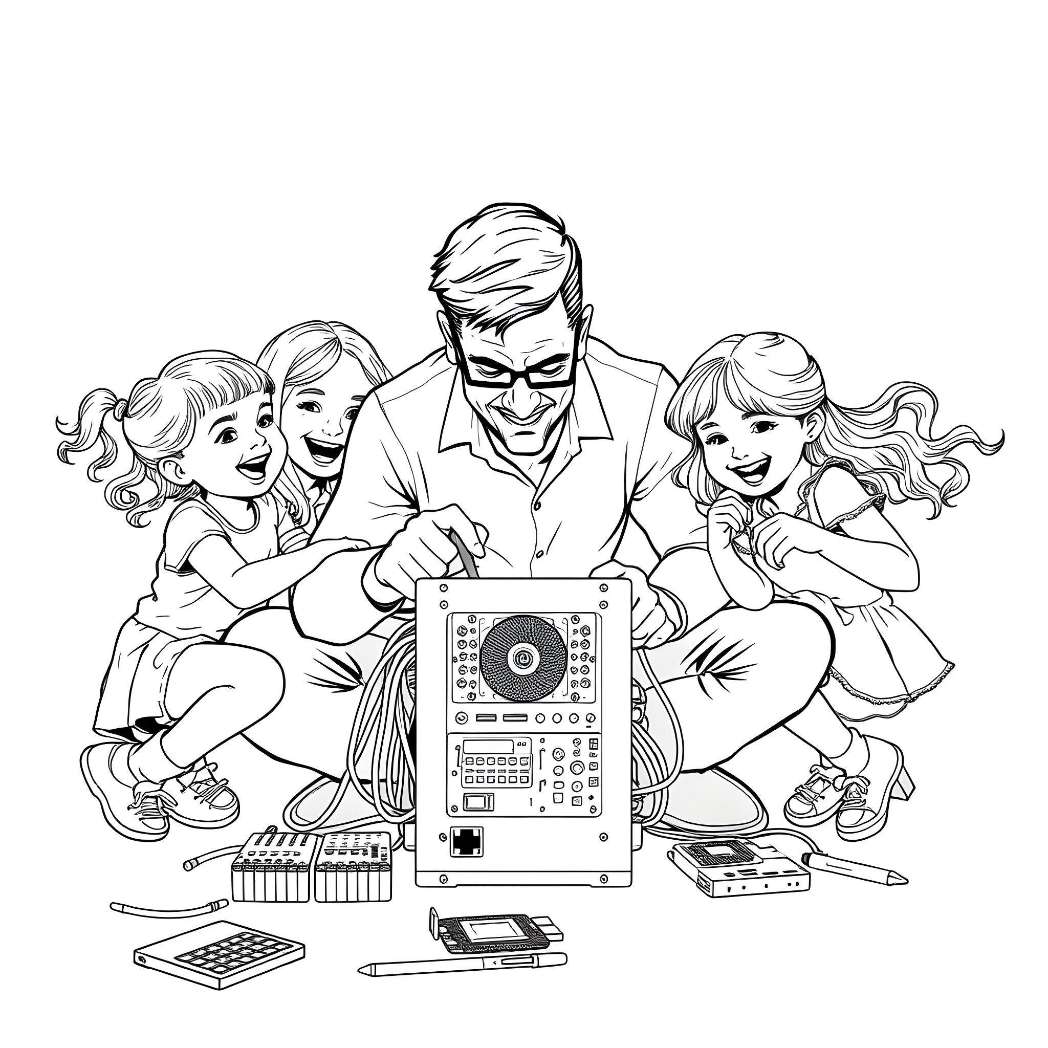 Sister Siblings Enjoying Music Together Coloring Page (free black-and-white line drawing printable PDF for all, from beginners to advanced learners, including children, teens, adults, and seniors)