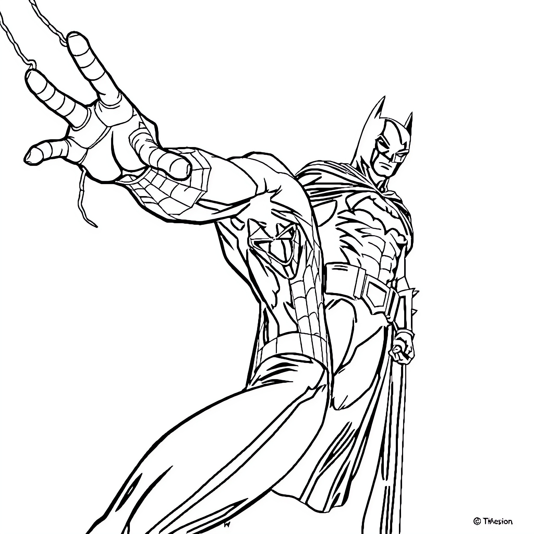 Spiderman-inspired superhero in action pose Coloring Page (free black-and-white line drawing printable PDF for all, from beginners to advanced learners, including children, teens, adults, and seniors)