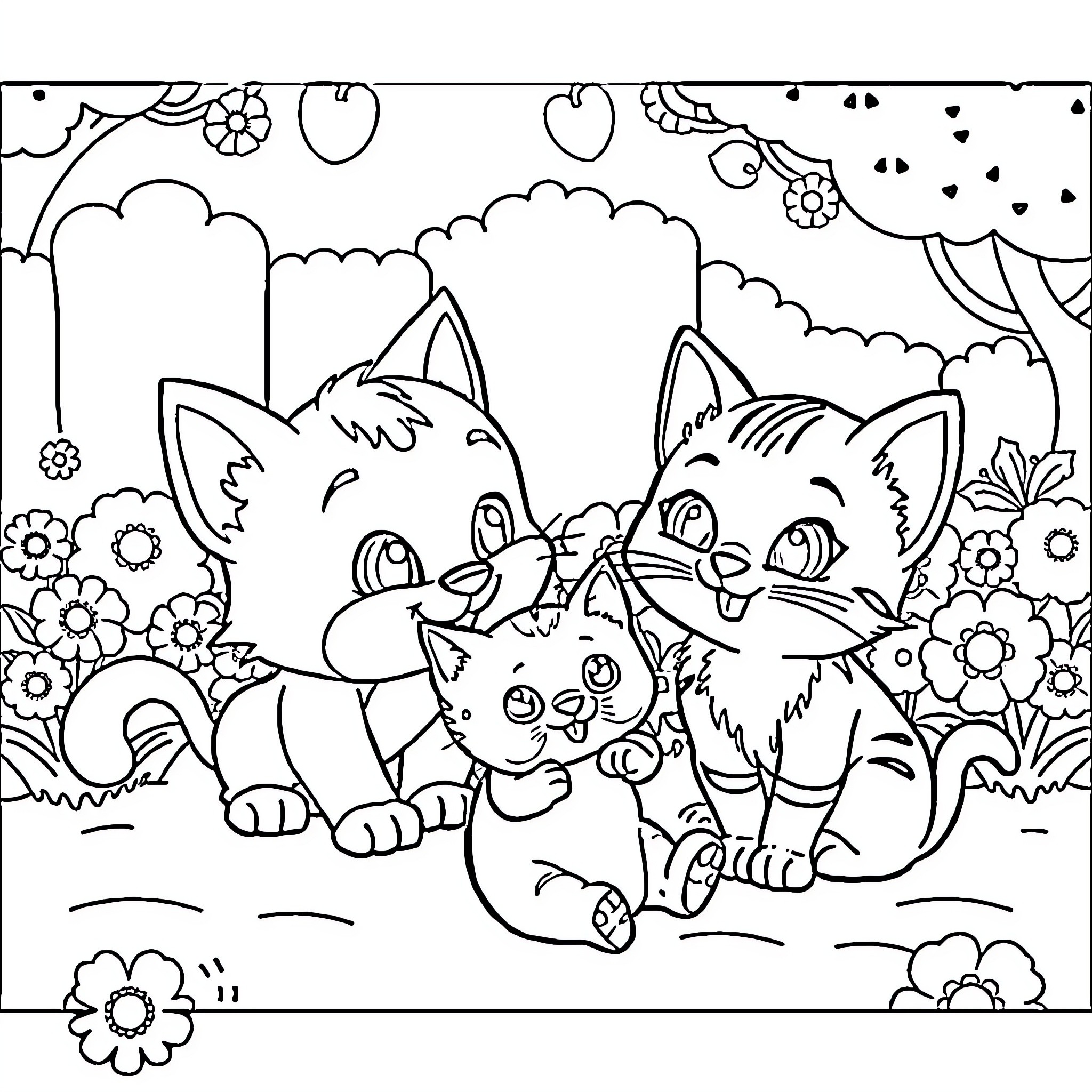 Bluey and her family playing happily in the garden Coloring Page (free black-and-white line drawing printable PDF for all, from beginners to advanced learners, including children, teens, adults, and seniors)