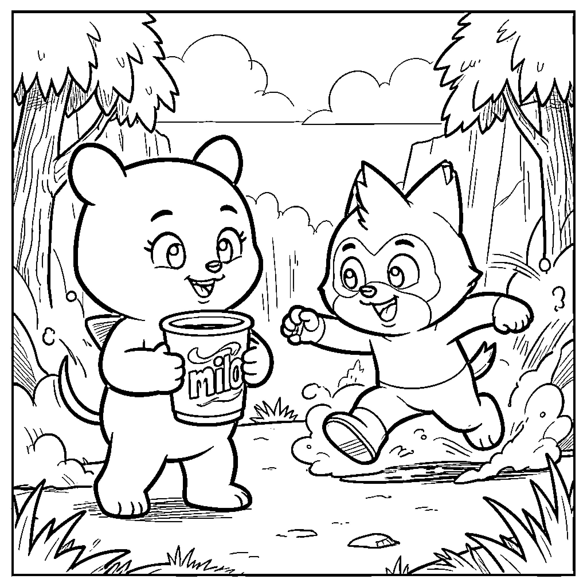 Labubu Friends Enjoying Milk in the Forest Coloring Page (free black-and-white line drawing printable PDF for all, from beginners to advanced learners, including children, teens, adults, and seniors)