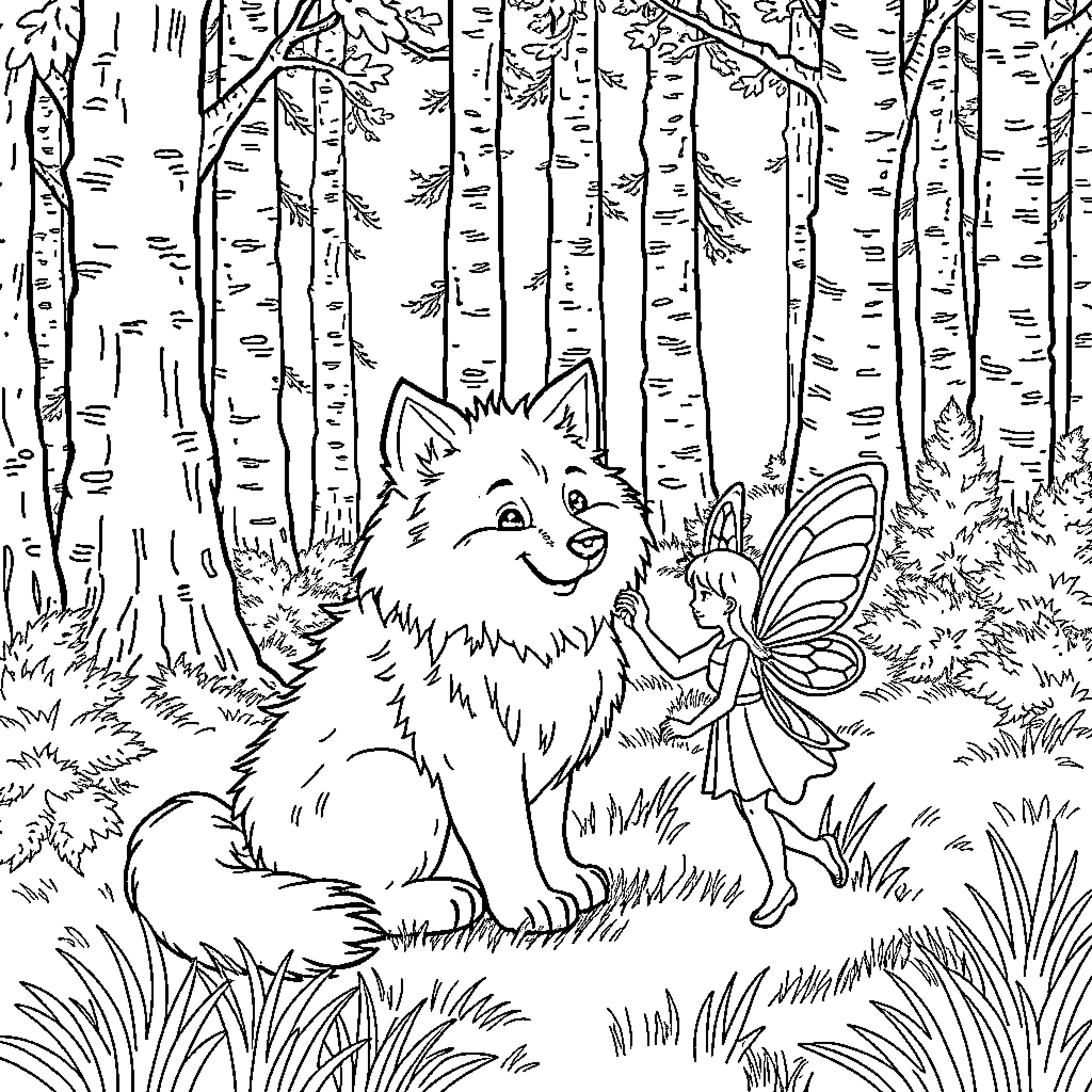 Wolf and fairy in enchanted forest Coloring Page (free black-and-white line drawing printable PDF for all, from beginners to advanced learners, including children, teens, adults, and seniors)