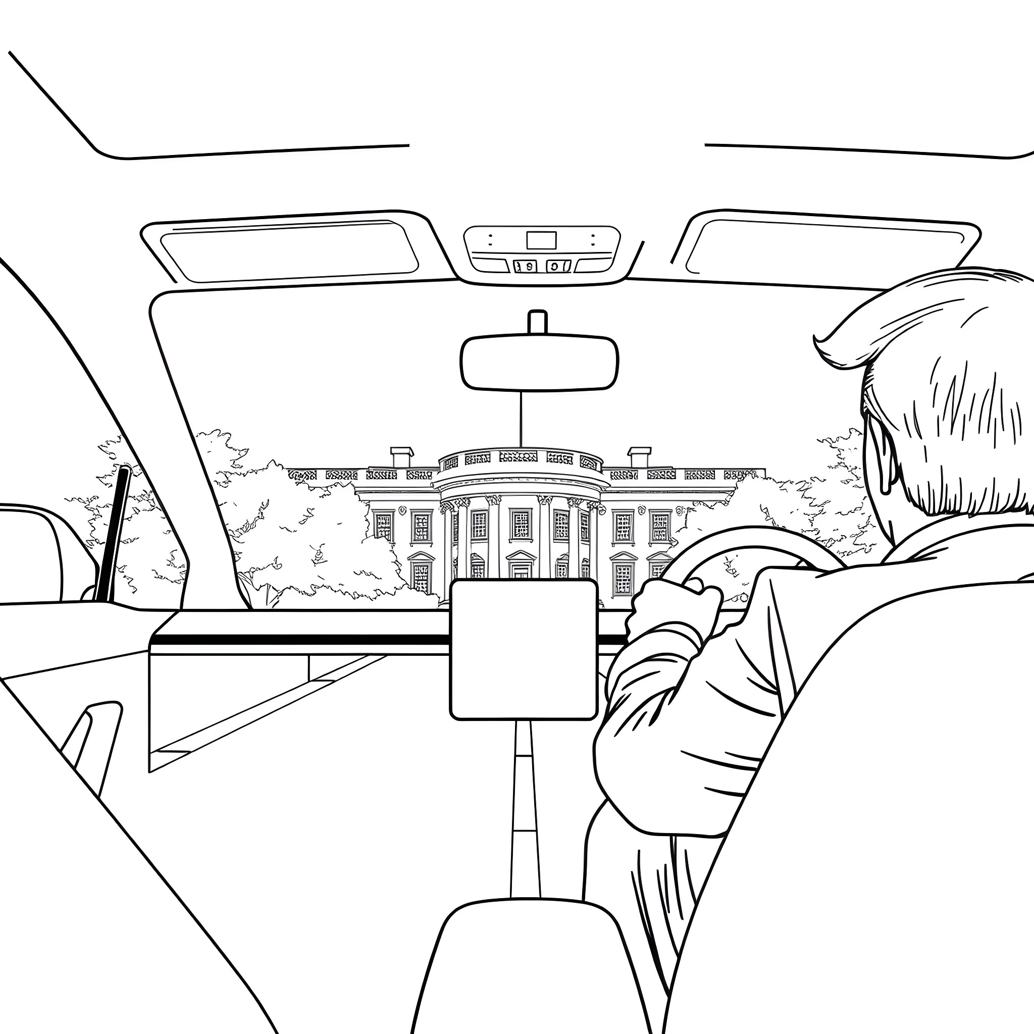 Trump's View from the Presidential Limousine Coloring Page (free black-and-white line drawing printable PDF for all, from beginners to advanced learners, including children, teens, adults, and seniors)