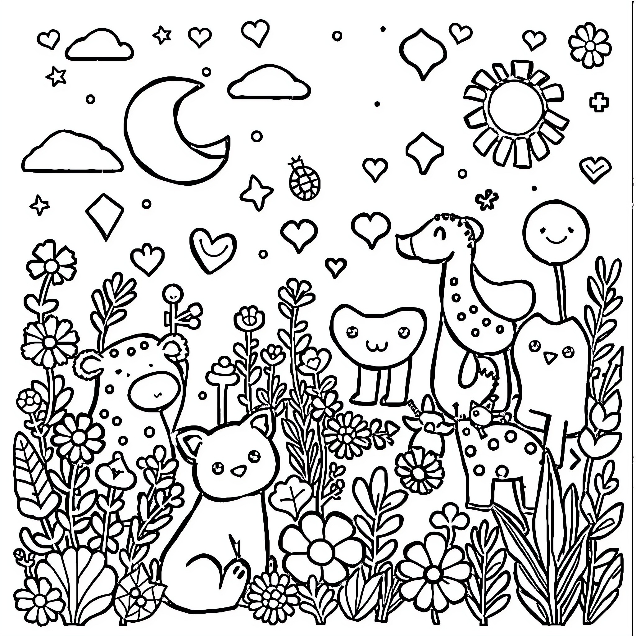 Kids playing in a magical garden filled with animals and nature Coloring Page (free black-and-white line drawing printable PDF for all, from beginners to advanced learners, including children, teens, adults, and seniors)