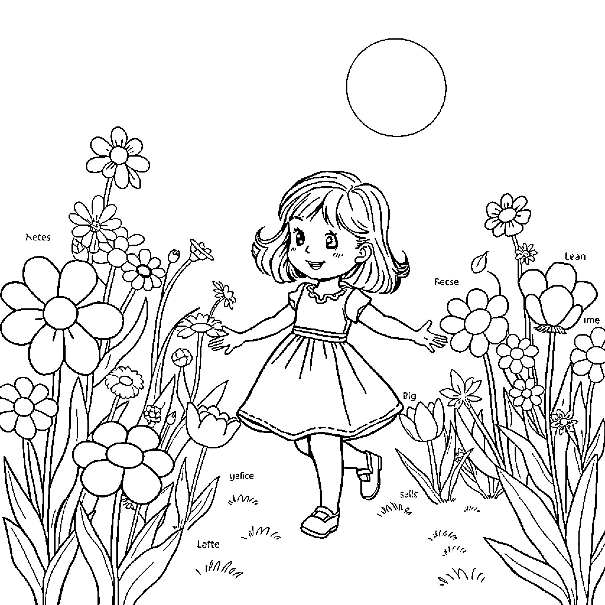 Girl exploring a whimsical garden of flowers Coloring Page (free black-and-white line drawing printable PDF for all, from beginners to advanced learners, including children, teens, adults, and seniors)