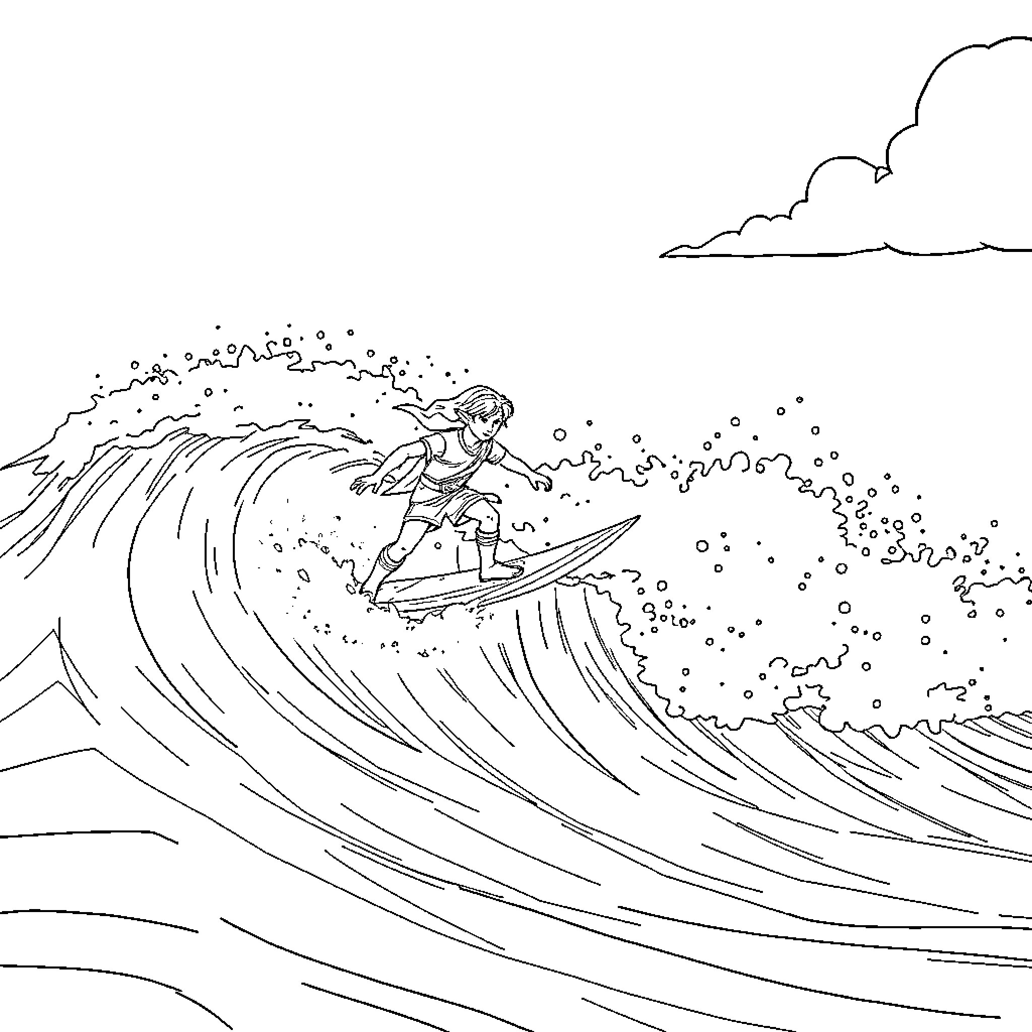 Link surfing the crashing waves Coloring Page (free black-and-white line drawing printable PDF for all, from beginners to advanced learners, including children, teens, adults, and seniors)