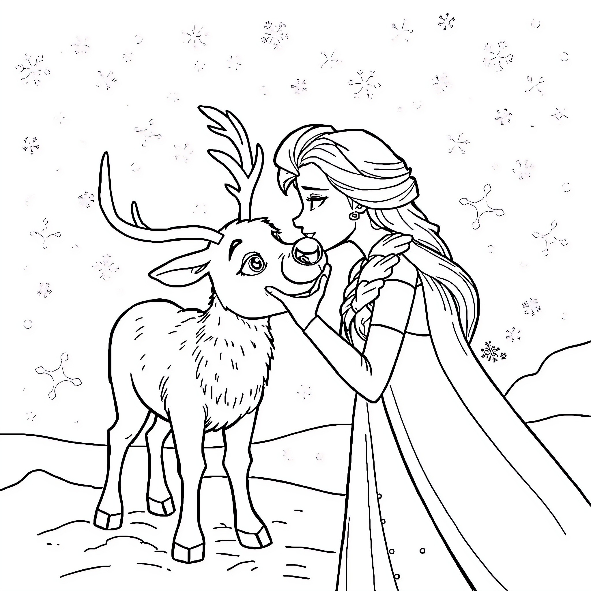 Elsa sharing a magical moment with a reindeer Coloring Page (free black-and-white line drawing printable PDF for all, from beginners to advanced learners, including children, teens, adults, and seniors)