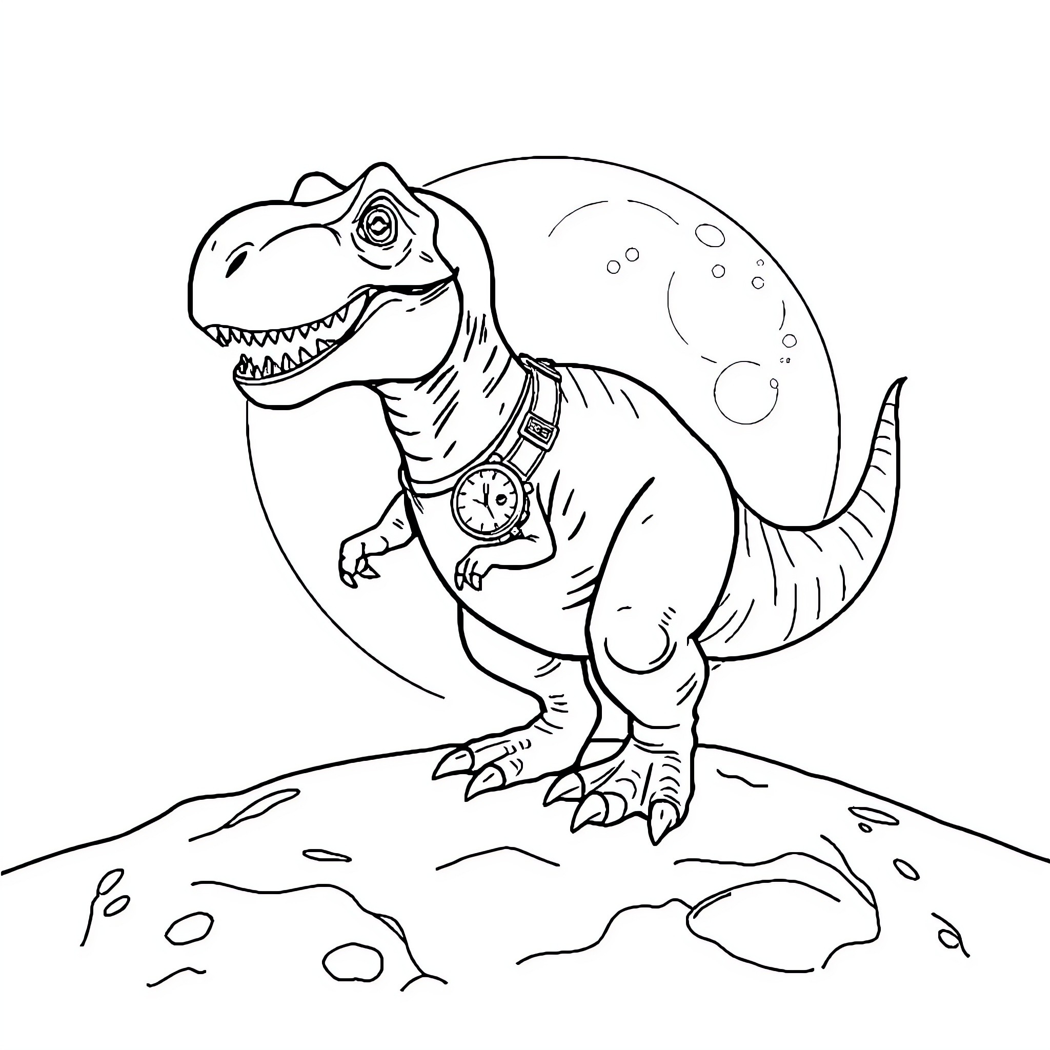 T-Rex Roaring Fiercely on Prehistoric Landscape Coloring Page (free black-and-white line drawing printable PDF for all, from beginners to advanced learners, including children, teens, adults, and seniors)