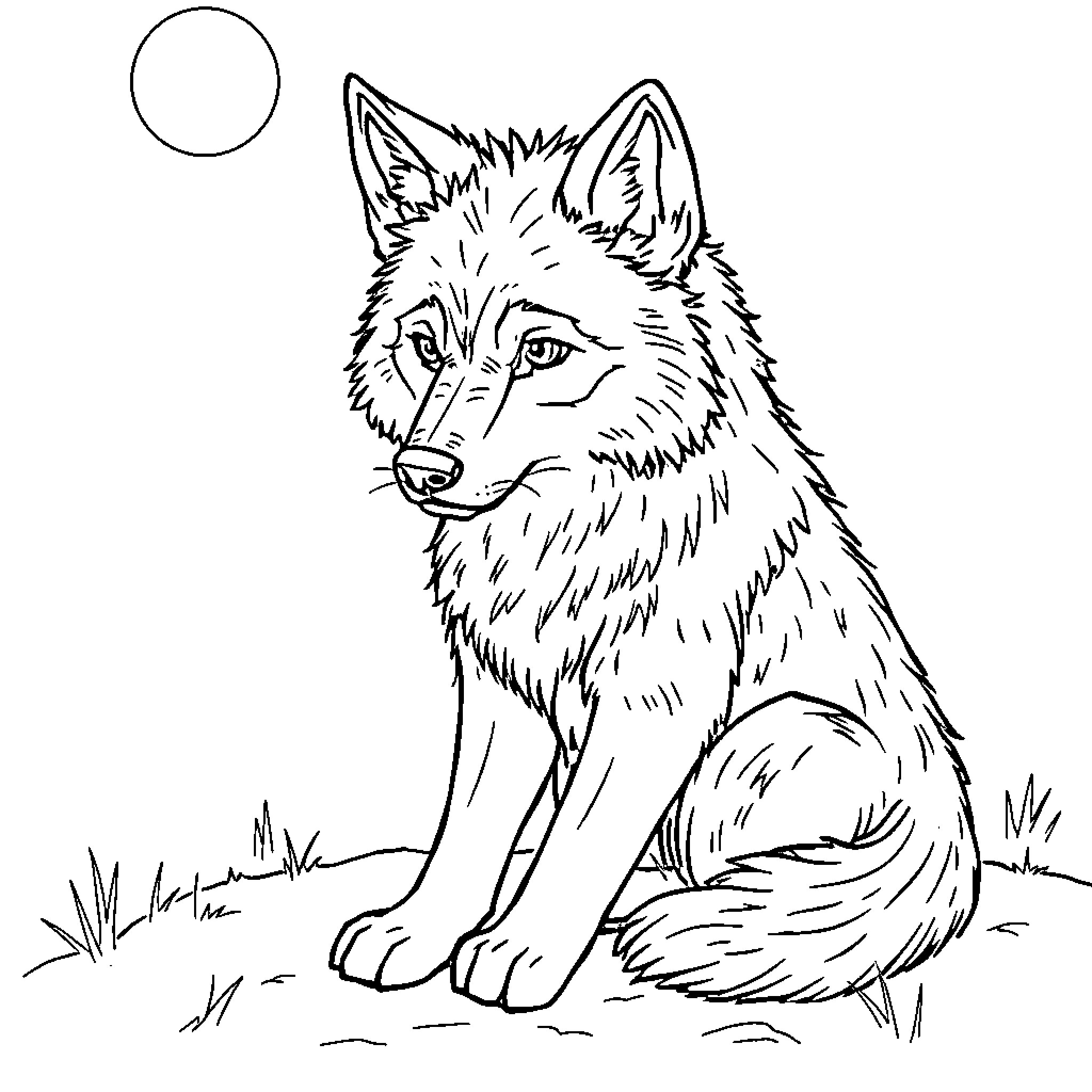 Werewolf sitting in the moonlight Coloring Page (free black-and-white line drawing printable PDF for all, from beginners to advanced learners, including children, teens, adults, and seniors)