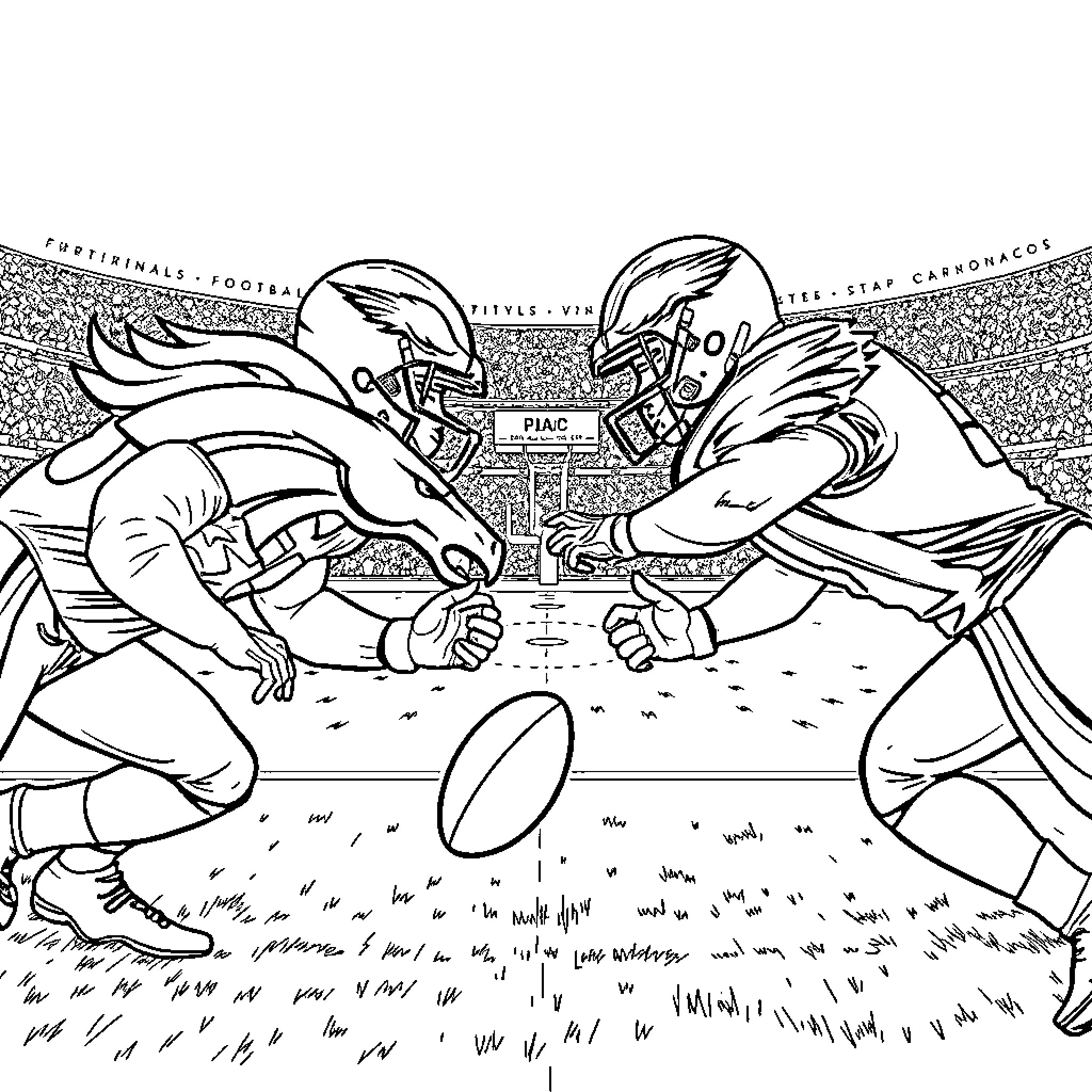 Football players in intense competition on the field Coloring Page (free black-and-white line drawing printable PDF for all, from beginners to advanced learners, including children, teens, adults, and seniors)