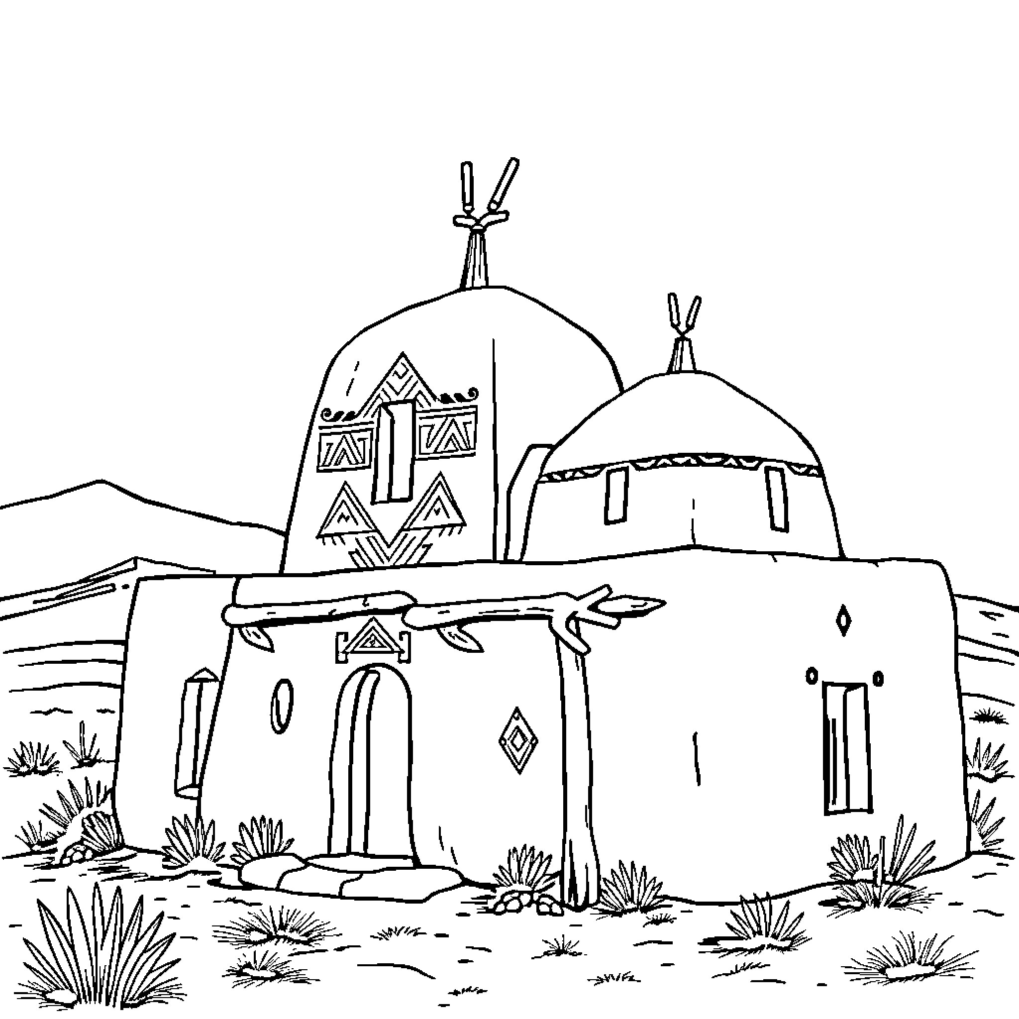 Acoma Pueblo adobe structures in desert landscape Coloring Page (free black-and-white line drawing printable PDF for all, from beginners to advanced learners, including children, teens, adults, and seniors)