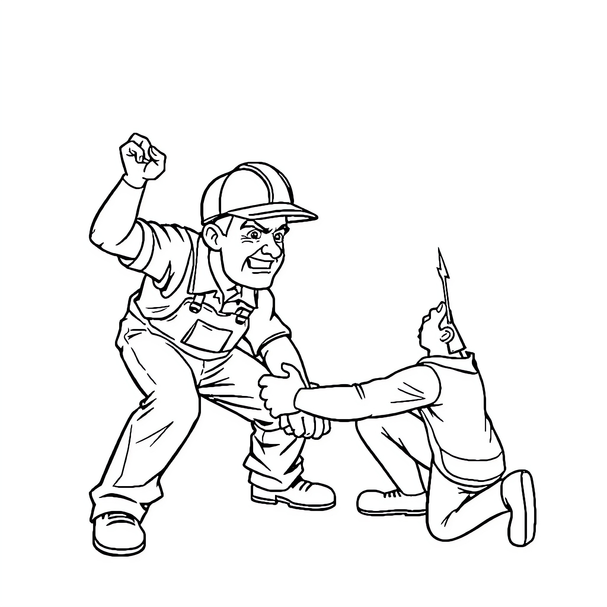 Plumber fixing pipe with determined expression Coloring Page (free black-and-white line drawing printable PDF for all, from beginners to advanced learners, including children, teens, adults, and seniors)