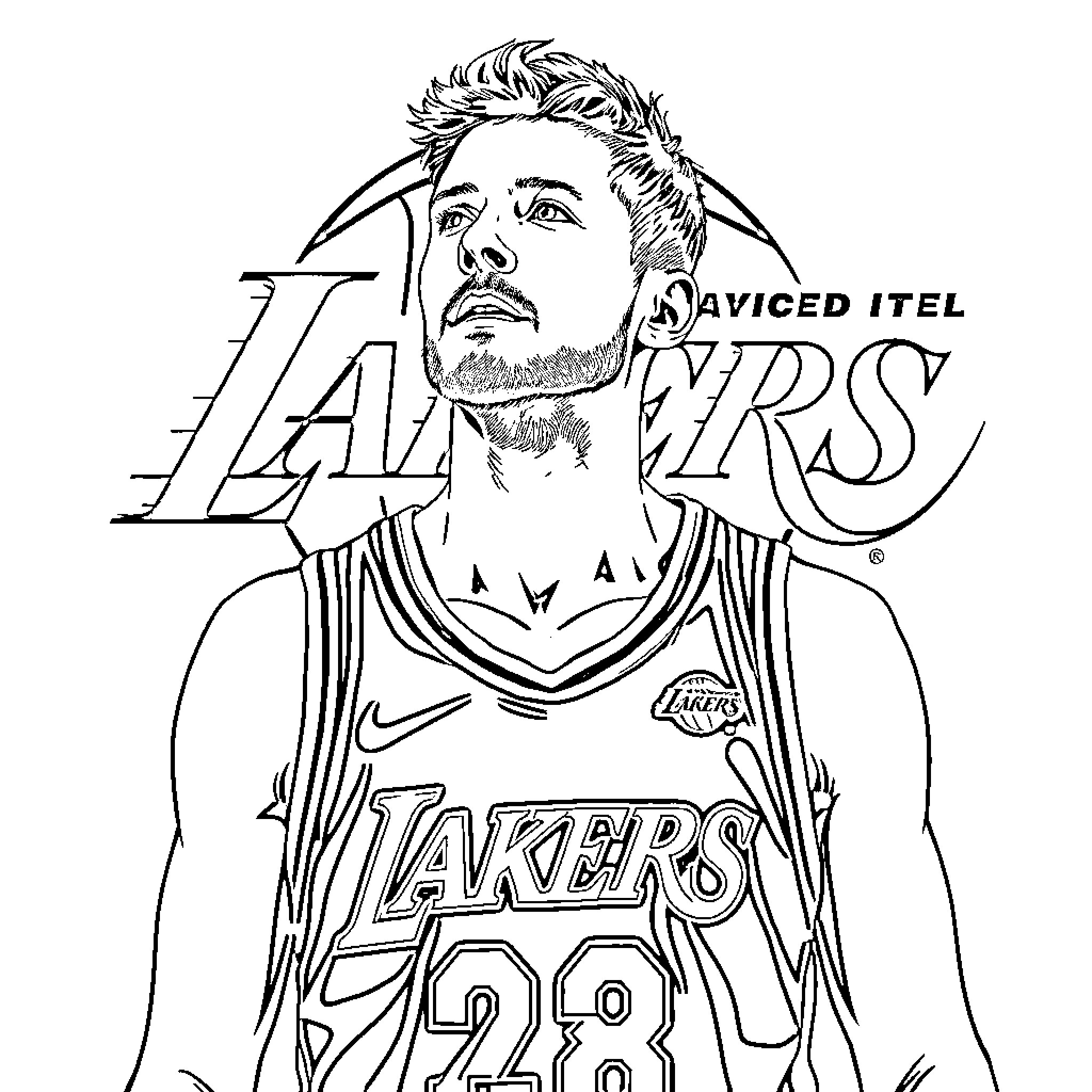 Luka Doncic in Lakers jersey with graphic design Coloring Page (free black-and-white line drawing printable PDF for all, from beginners to advanced learners, including children, teens, adults, and seniors)