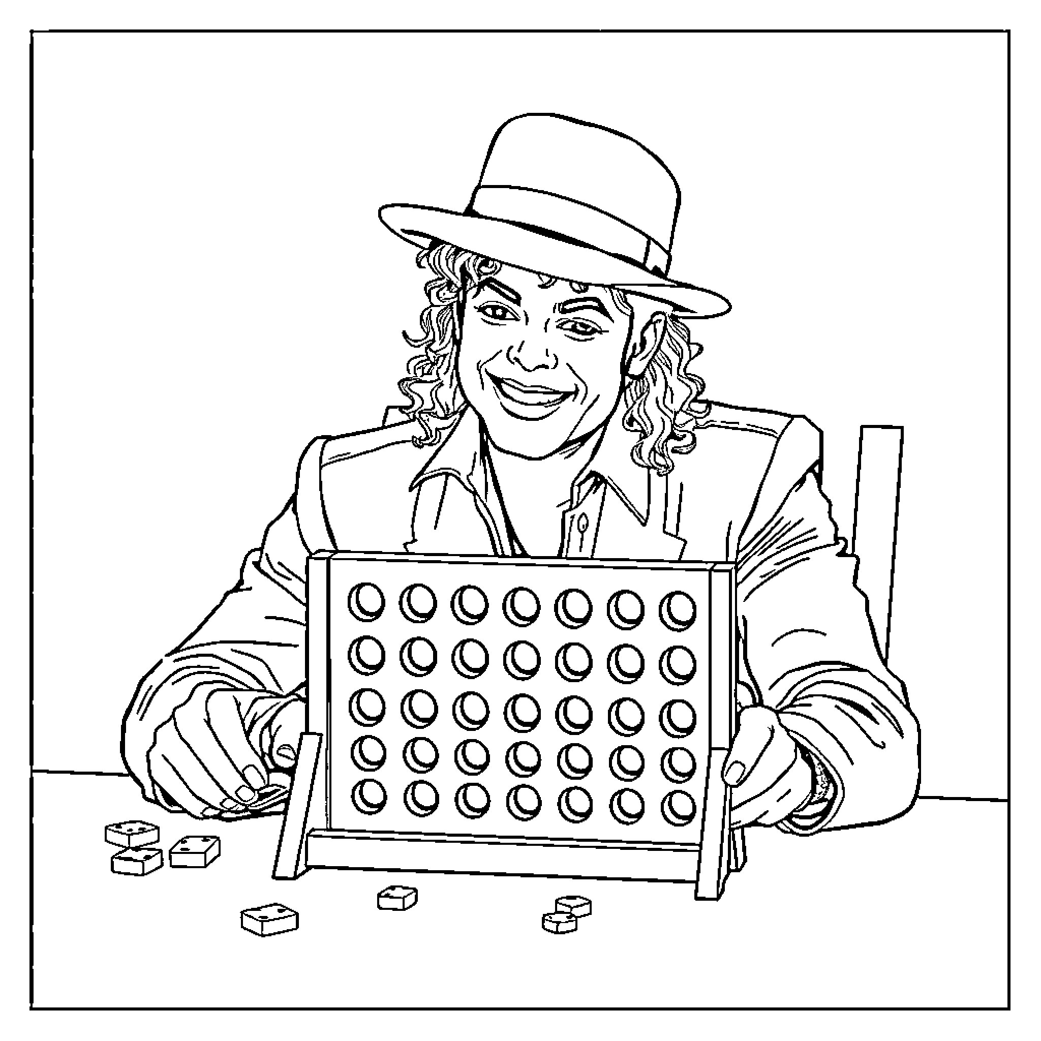 Michael Jackson playing a game of Connect Four Coloring Page (free black-and-white line drawing printable PDF for all, from beginners to advanced learners, including children, teens, adults, and seniors)