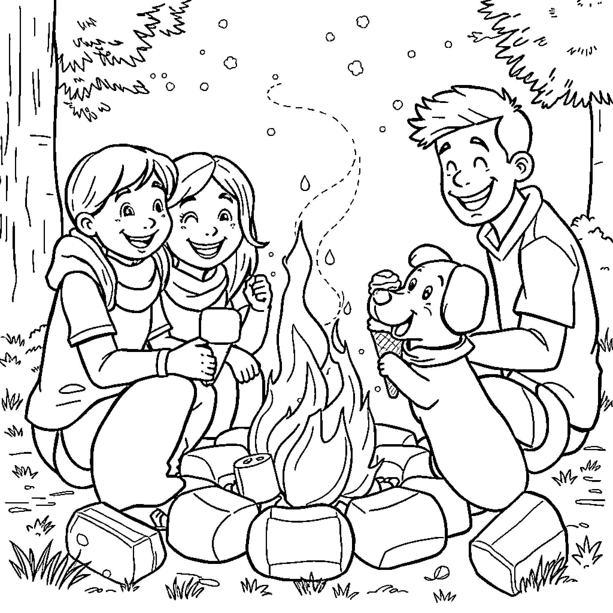 Family Enjoying a Cozy Campfire Coloring Page (free black-and-white line drawing printable PDF for all, from beginners to advanced learners, including children, teens, adults, and seniors)