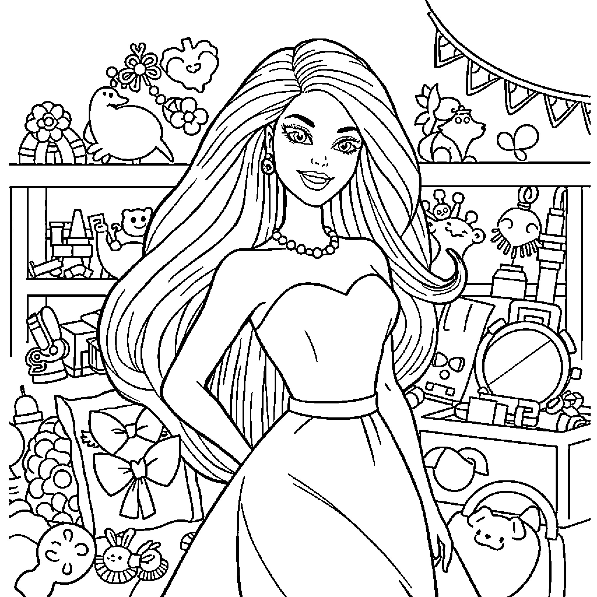 Barbie's Playful Party Preparations Coloring Page (free black-and-white line drawing printable PDF for all, from beginners to advanced learners, including children, teens, adults, and seniors)
