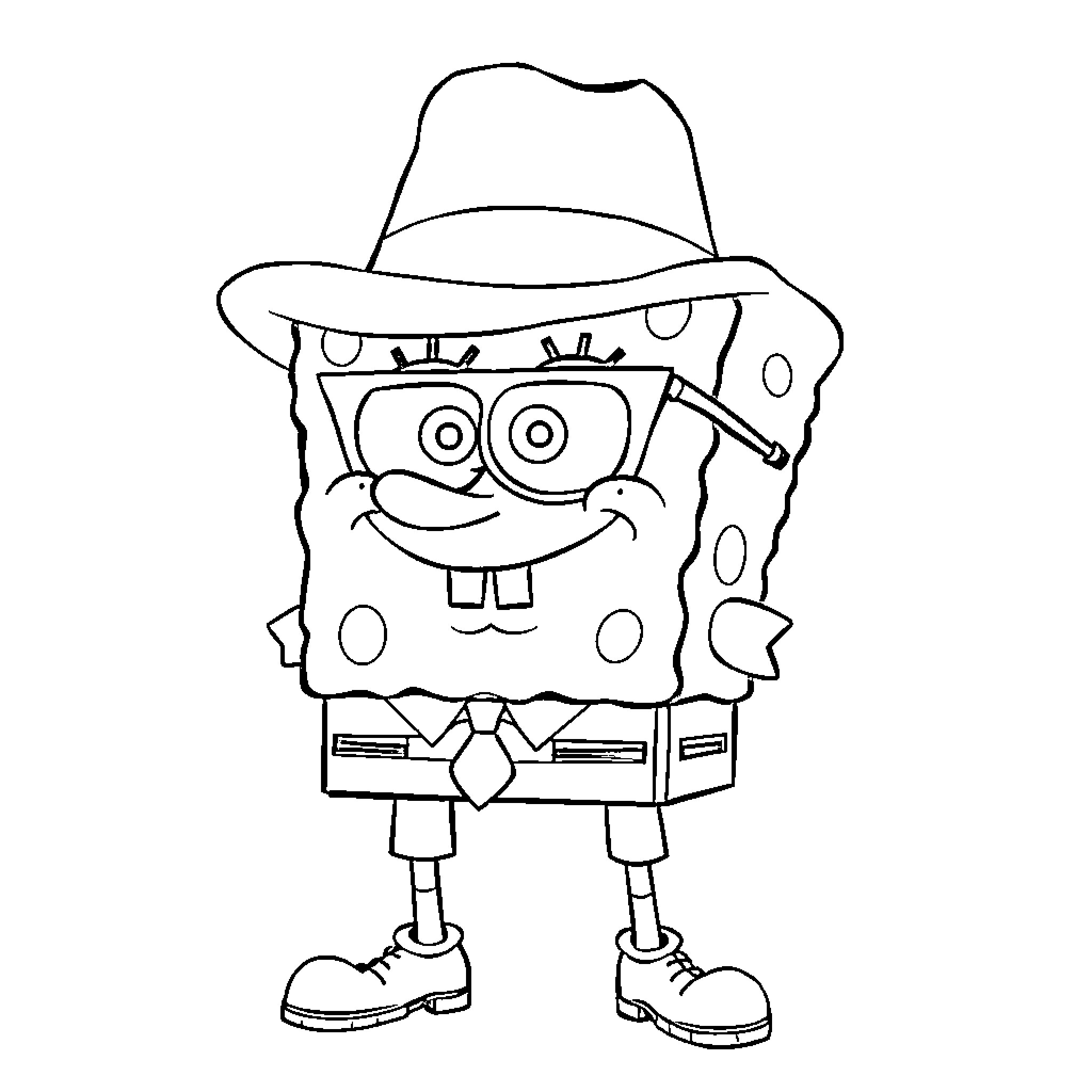 Spongebob wearing a hat and smiling Coloring Page (free black-and-white line drawing printable PDF for all, from beginners to advanced learners, including children, teens, adults, and seniors)