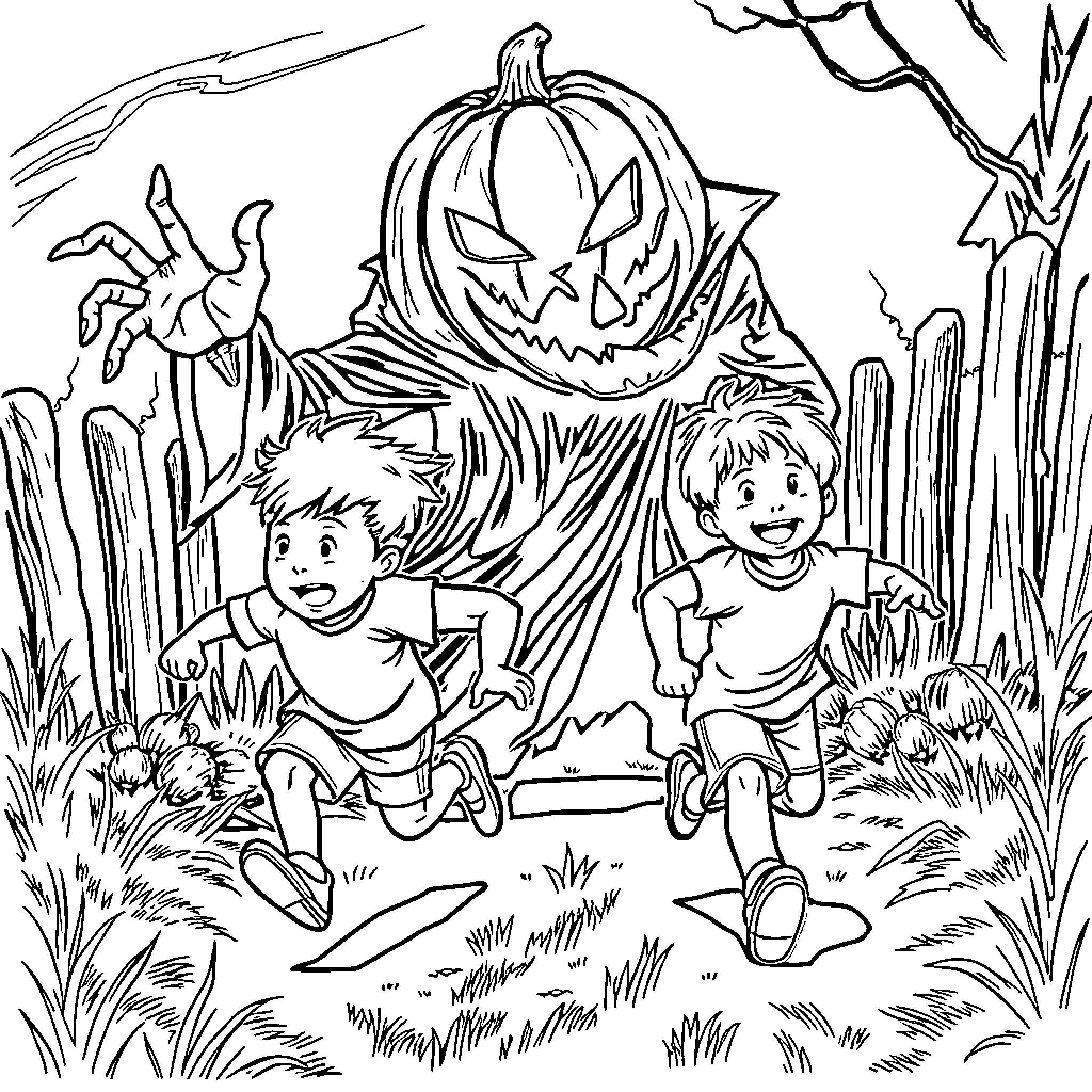 Boy Runs from Spooky Halloween Pumpkin in Haunted Forest Coloring Page (free black-and-white line drawing printable PDF for all, from beginners to advanced learners, including children, teens, adults, and seniors)