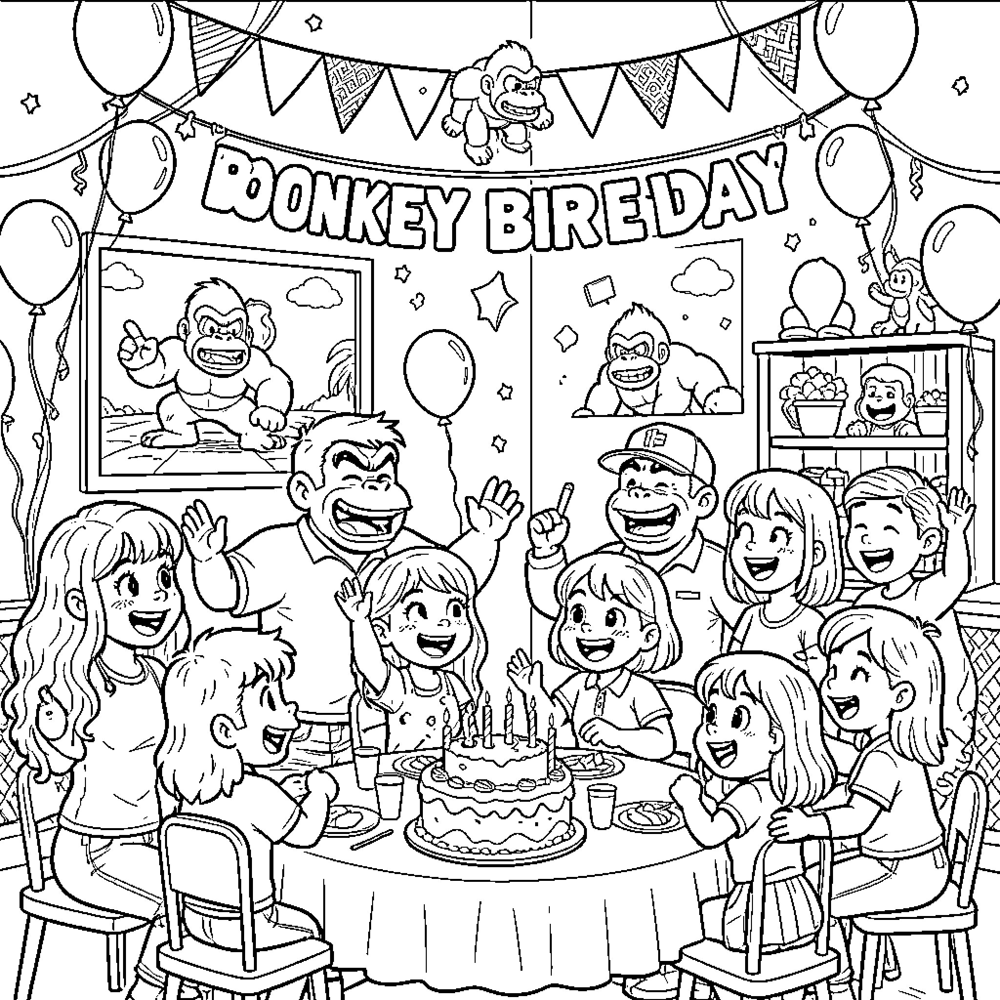 Donkey Kong celebrating a birthday party with children Coloring Page (free black-and-white line drawing printable PDF for all, from beginners to advanced learners, including children, teens, adults, and seniors)