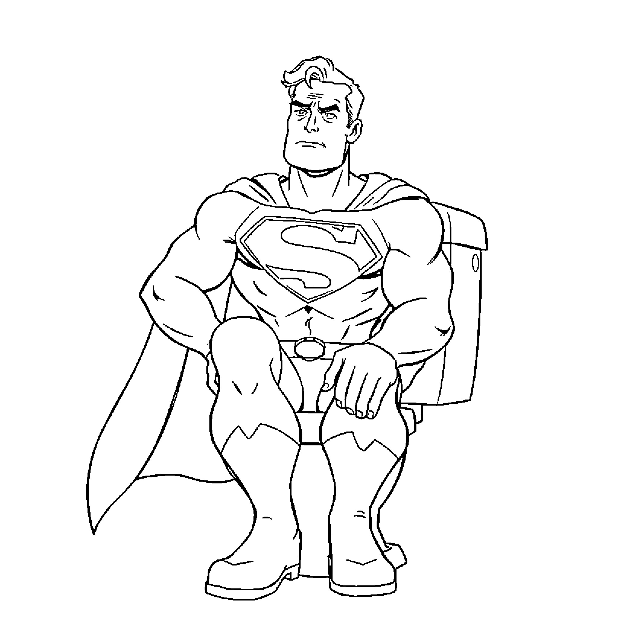 Superman in heroic stance with outstretched arms Coloring Page (free black-and-white line drawing printable PDF for all, from beginners to advanced learners, including children, teens, adults, and seniors)