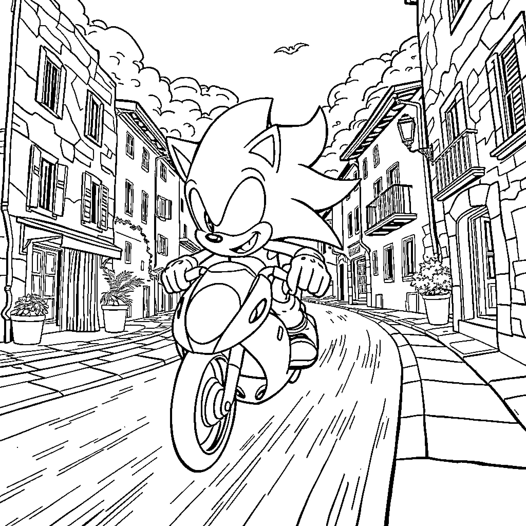Sonic riding a bicycle through a city street Coloring Page (free black-and-white line drawing printable PDF for all, from beginners to advanced learners, including children, teens, adults, and seniors)