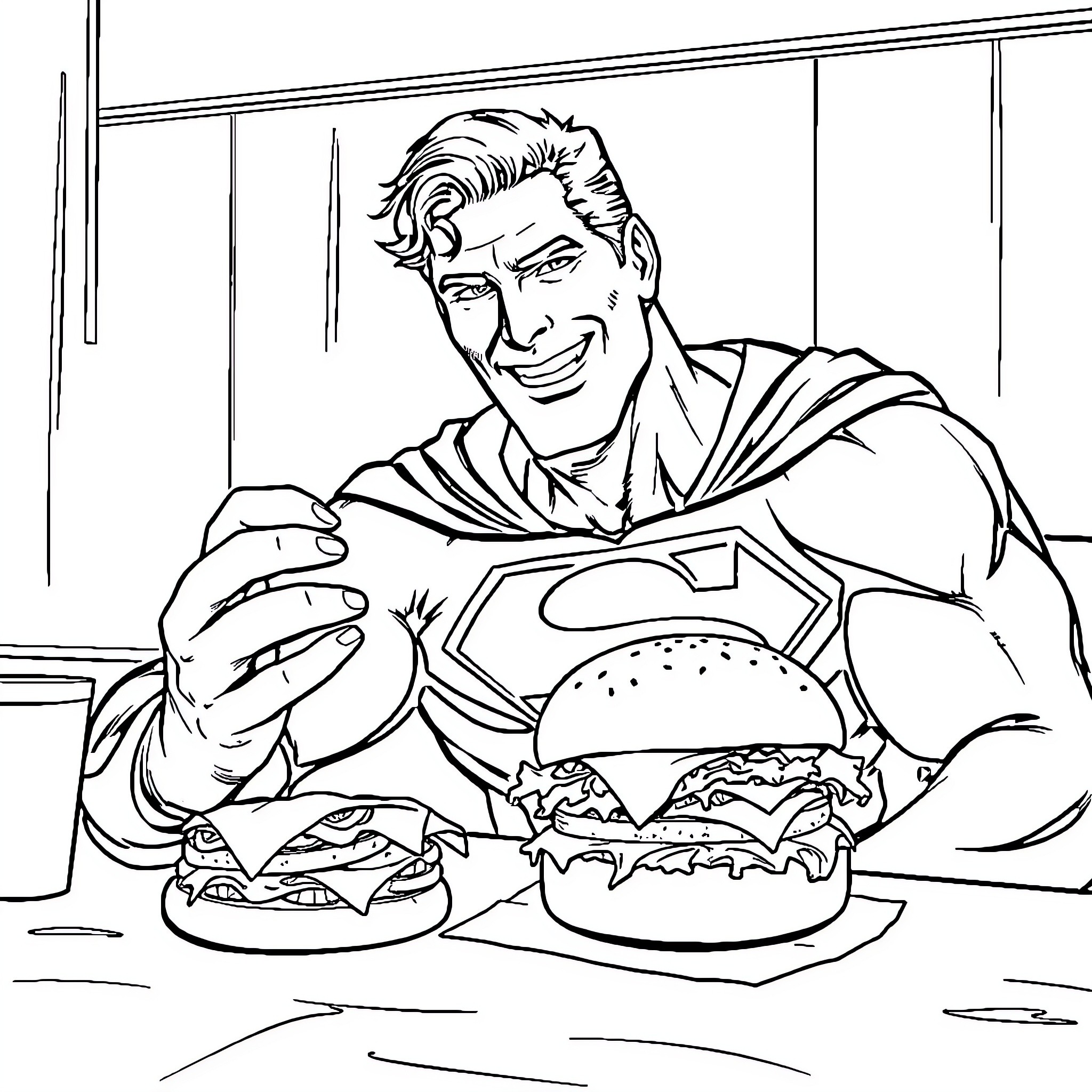Superman enjoys a hearty meal of burgers Coloring Page (free black-and-white line drawing printable PDF for all, from beginners to advanced learners, including children, teens, adults, and seniors)